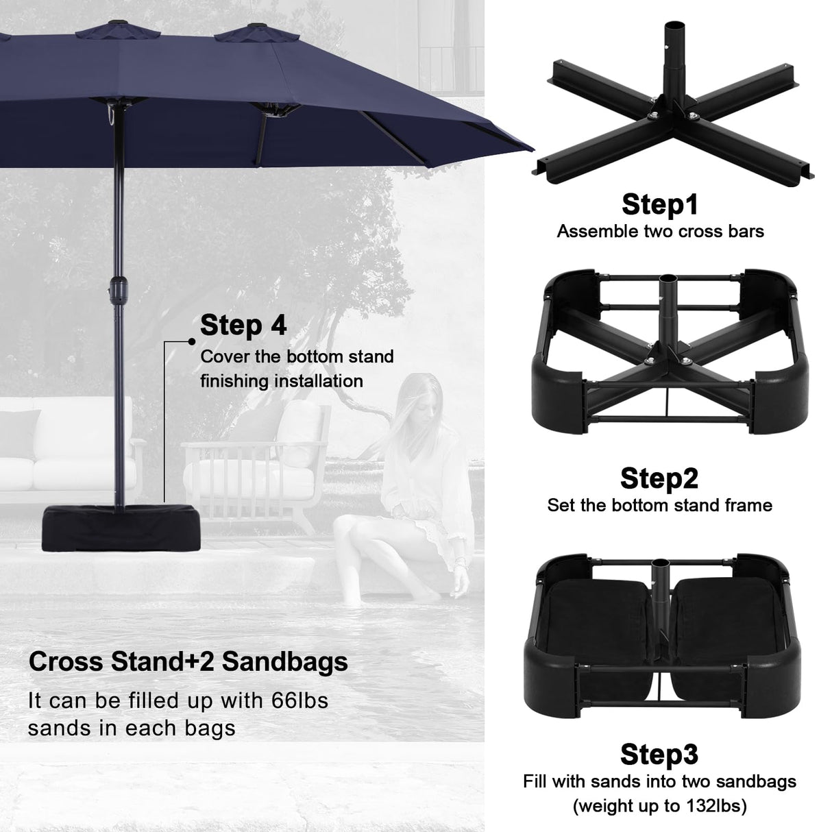 MASTERCANOPY Patio Outdoor Umbrella,15FT Double Sided Large Umbrella,Including Umbrella Base,Suitable For Garden,Pool Side,Deck,Navy Blue MASTERCANOPY