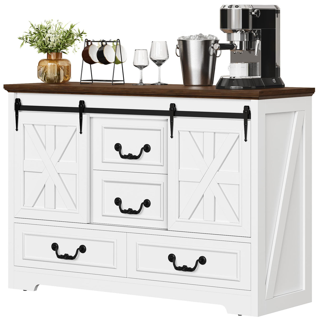 DWVO Farmhouse Buffet Cabinet with Storage, 47.2" Sideboard Cabinet with Sliding Barn Doors & 4 Drawers, Rustic Storage Cabinet for Kitchen, Living Room, Coffee Bar, White DWVO