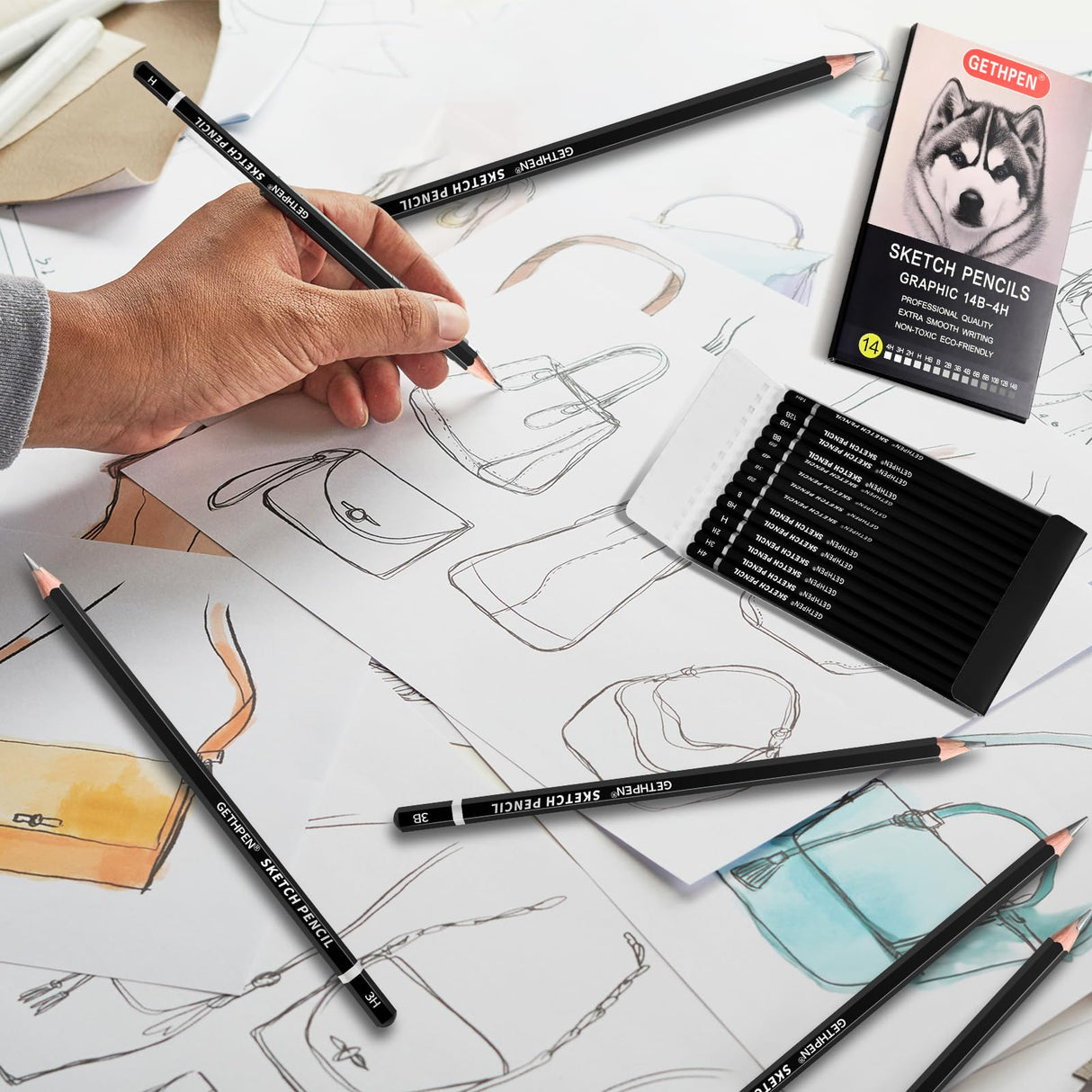 GETHPEN Professional Drawing Sketching Pencil Set - 14 Pieces Graphite Pencils(14B - 4H), Ideal for Drawing Art, Sketching, Shading, Artist Pencils for Beginners & Pro Artists GETHPEN