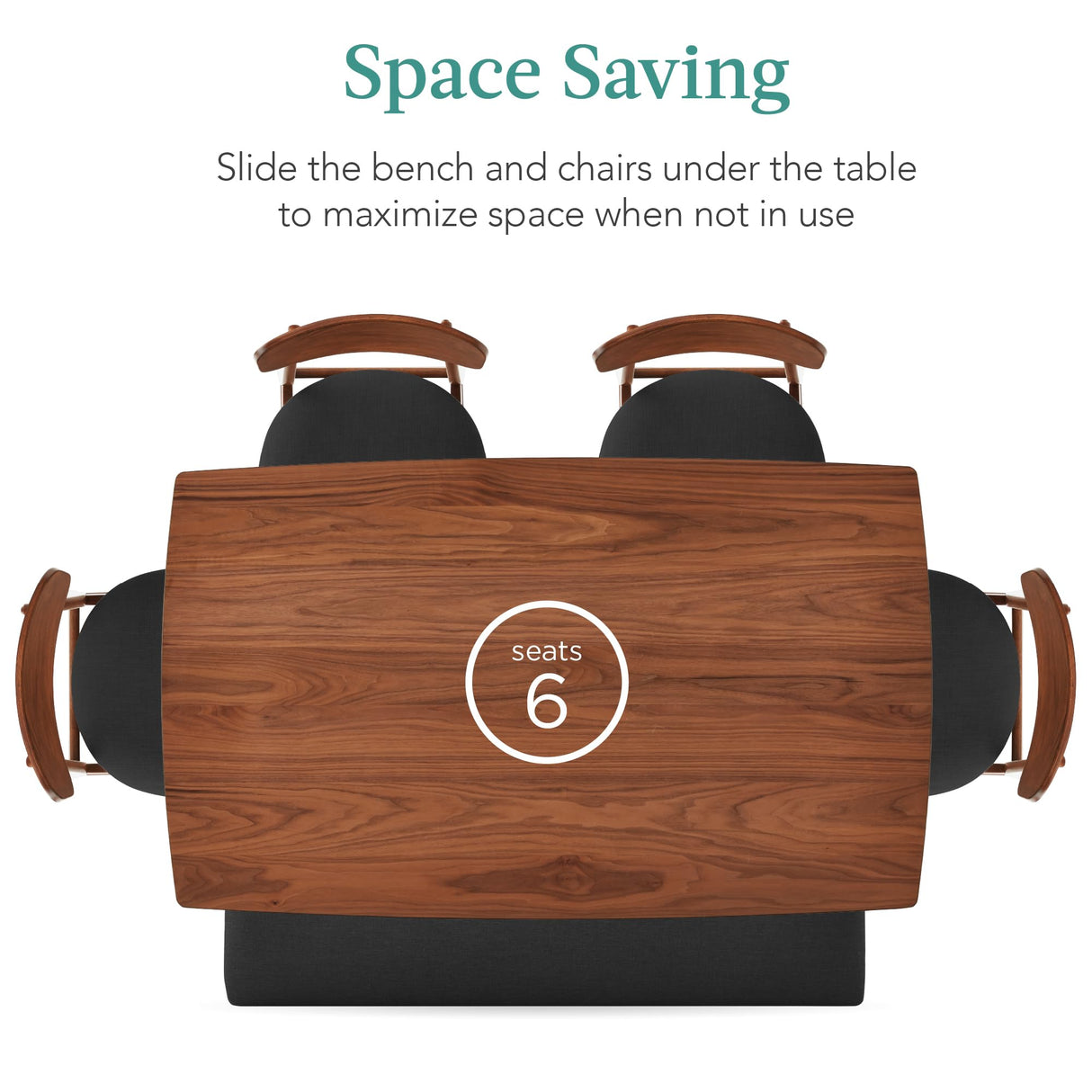 Best Choice Products 6-Piece Wooden Dining Set, Mid-Century Modern Table & Upholstered Chair Set w/Bench Seat, Rubberwood Legs - Walnut/Charcoal Best Choice Products