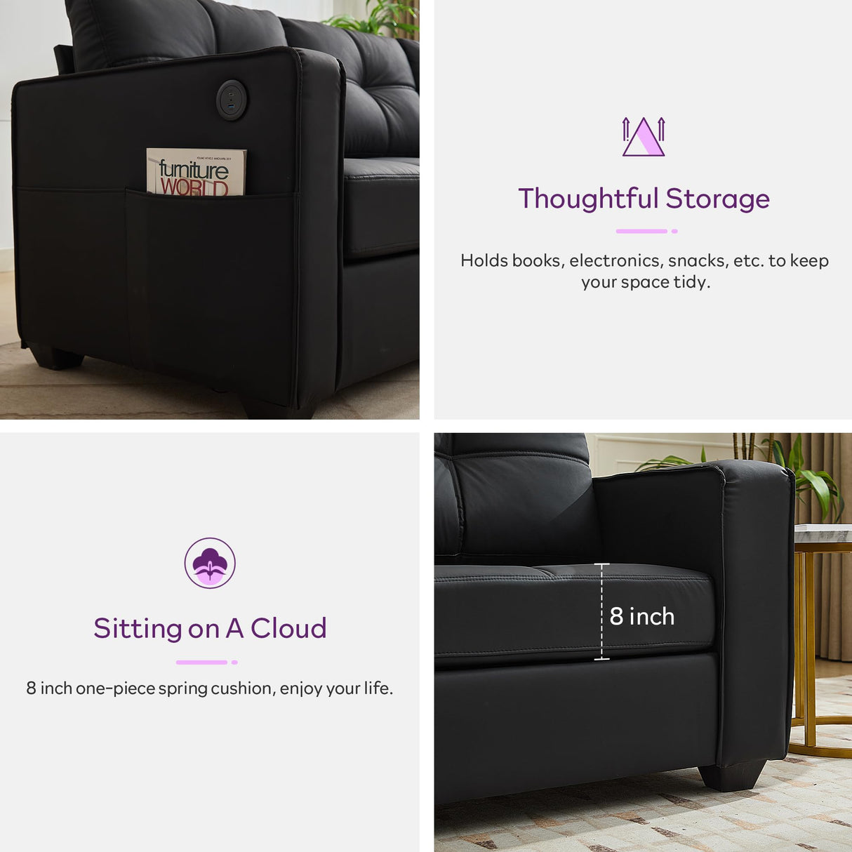 TYBOATLE 88" W Black Faux Leather Sofa Couches for Living Room, Mid-Century Modern Tufted Comfy Small Loveseat w/USB and Wide Arms, 3 Seater Office Cloud Couch for Small Space Apartment Bedroom TYBOATLE