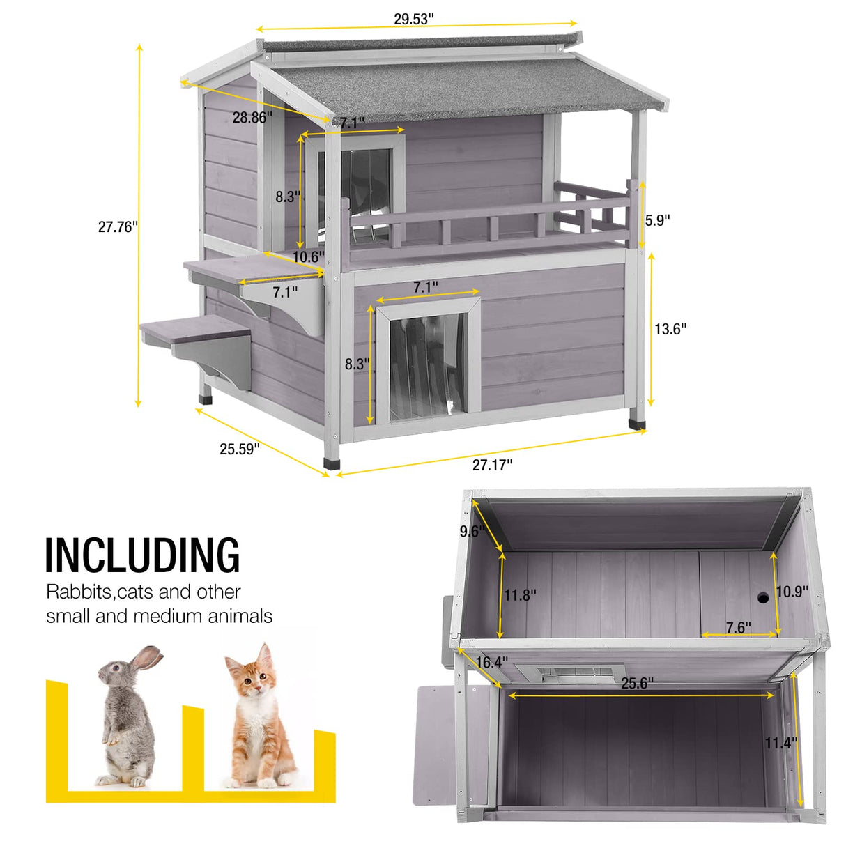Aivituvin 2 Story Cat House Enclosure with Large Balcony, Indoor Cat Condo Outdoor Cat Shelter, Wooden Kitty Home with PVC Door Strip Aivituvin