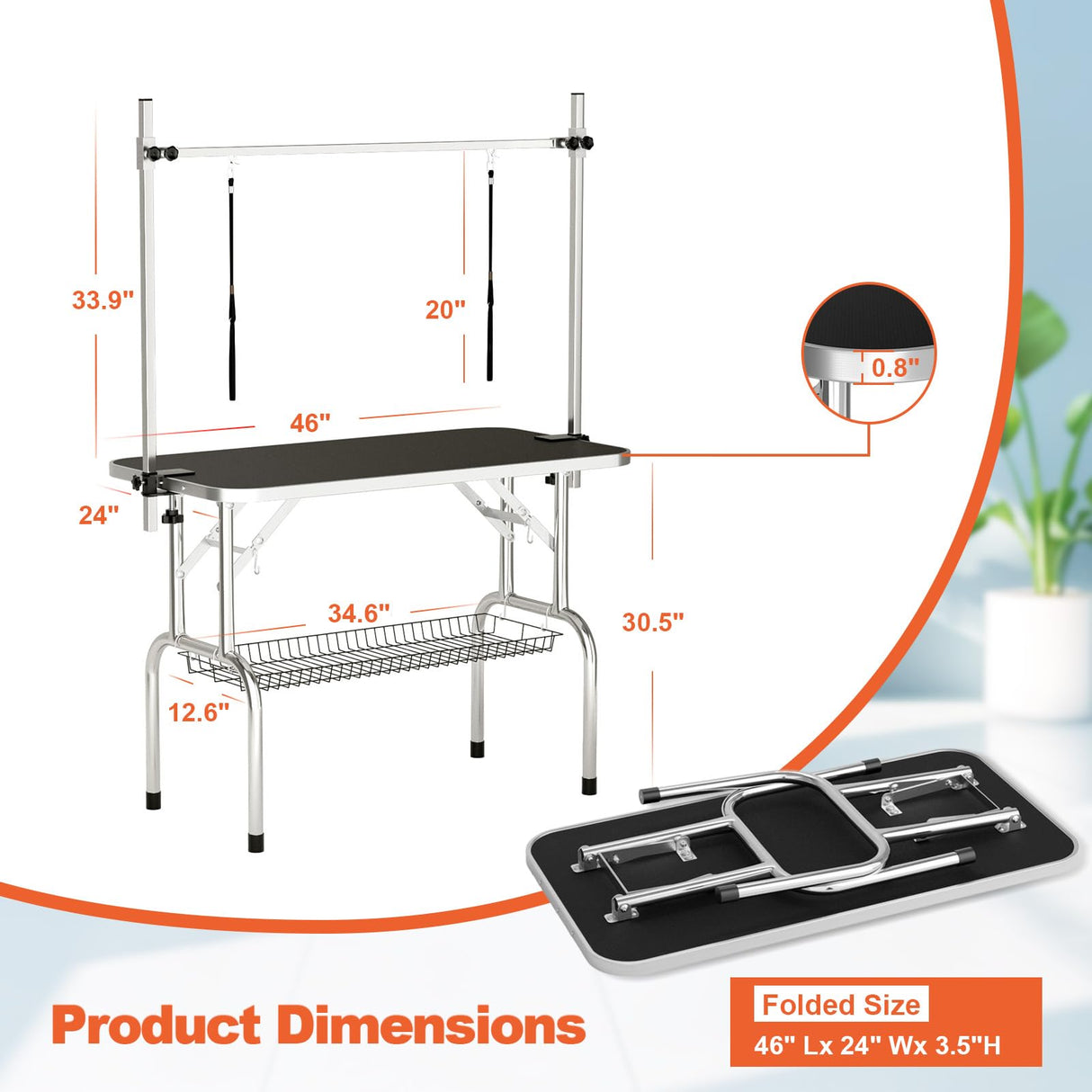 ynhunreth 46'' Dog Grooming Table for Large Dogs, Foldable Professional Grooming Table for Dogs at Home with Double Loops/Mesh Tray/Adjustable Arm, Capacity up to 330lbs, Black ynhunreth