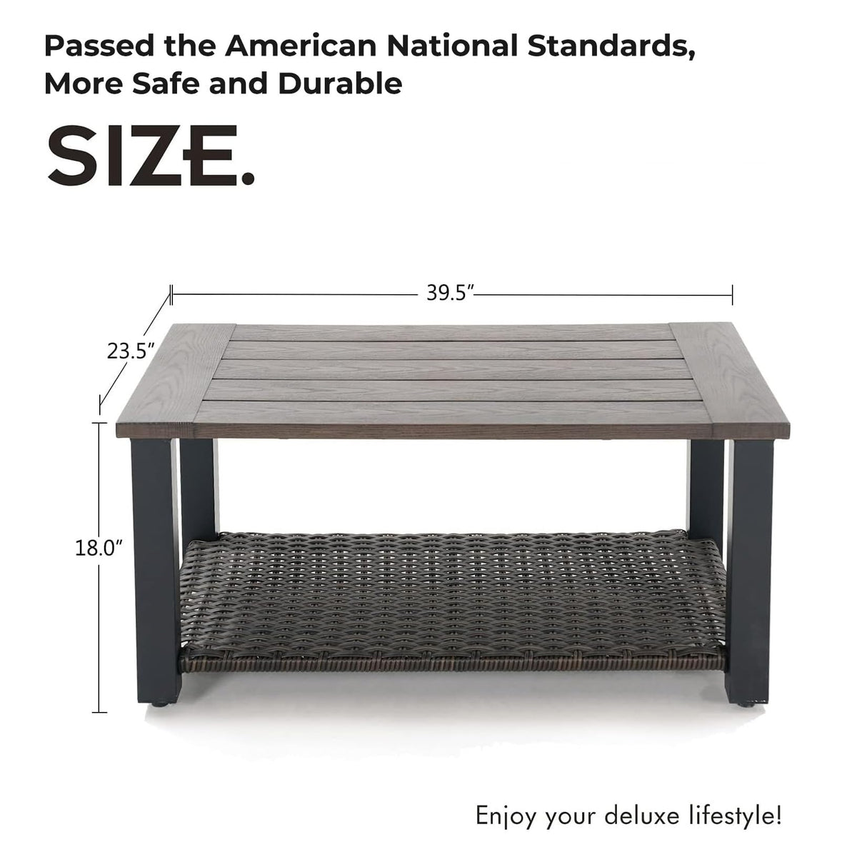 Grand patio Outdoor Coffee Table with Wicker Shelf Storage, 40-inch Rectangle Modern Patio Coffee Table with Faux Wood Tabletop, Fits with Outdoor Conversation Set Grand patio