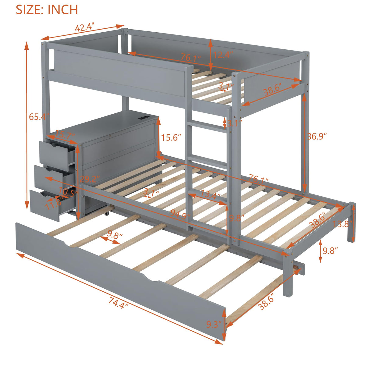 Merax Twin Over Twin Bunk Bed with Twin Size Trundle, Under-Bed Desk and Storage Drawers, No Box Spring Needed Merax