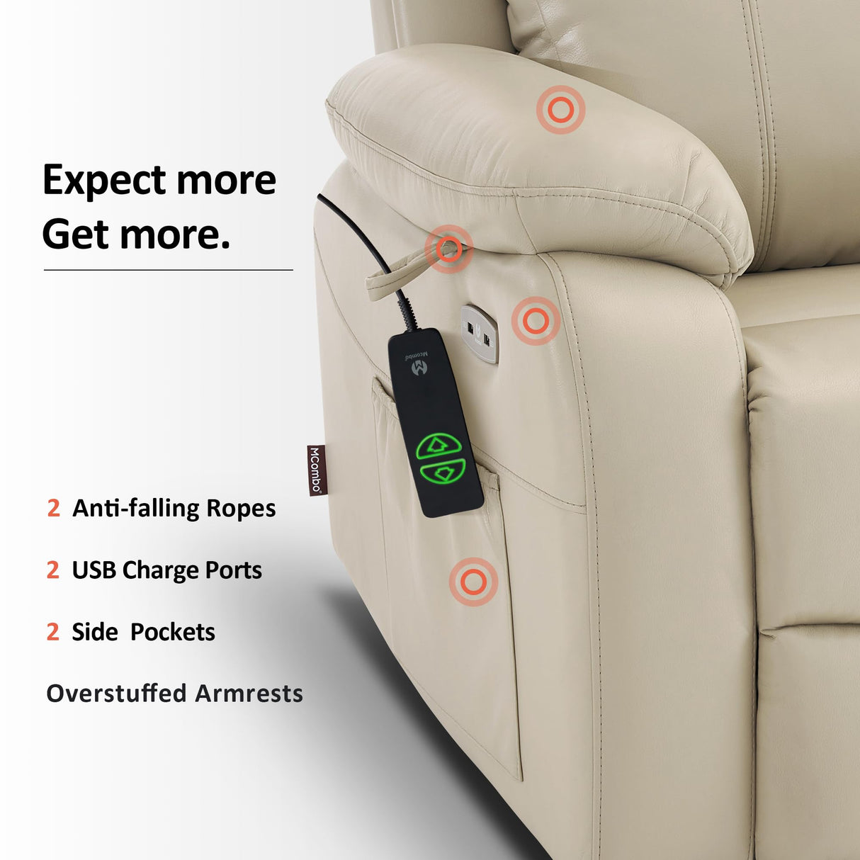 MCombo Small-Wide Power Lift Recliner Chair with Massage and Heat for Petite Elderly People, 3 Positions, 2 Side Pockets, USB Ports, Faux Leather R7410 (Beige, Small-Wide) MCombo