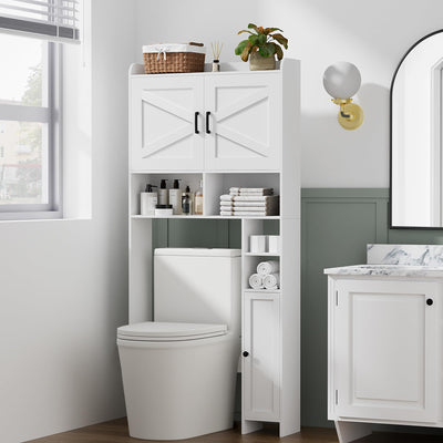 Homhedy Over The Toilet Storage Cabinet with 2 Barn Door and Toilet Paper Holder Stand, FreeStanding Toilet Shelf Space Saver, for Bathroom, Restroom, Laundry, White