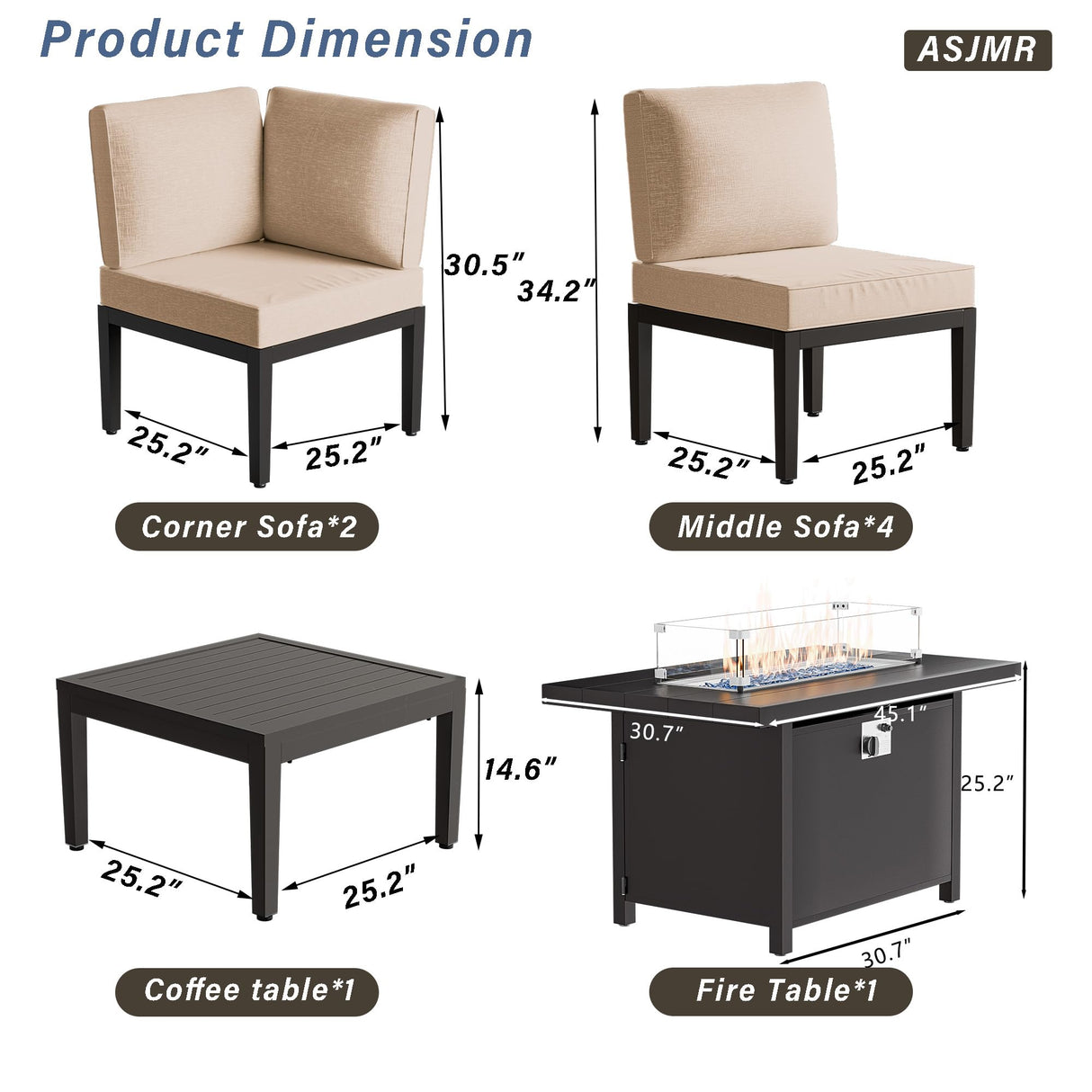 ASJMR Patio Furniture Set,8 Pieces Modern Outdoor Conversation Set w/43in Gas Fire Pit Table, Outdoor Metal Sectional Sofa with 55000 BTU Propane Fire Pit. ASJMR