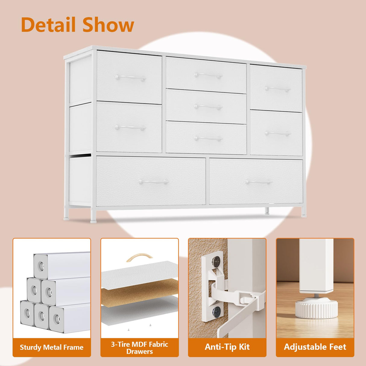 Furnulem White Dresser with 9 Large Drawers for 55'' Long TV Stand Entertainment Center, Wide Wood Shelf Storage for Bedroom,Living Room,Closet,Entryway,Sturdy Metal Frame Furnulem