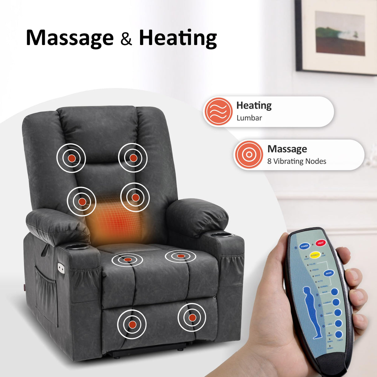 MCombo Power Lift Recliner Chair for Elderly, Lift Chair with Heat and Massage, USB Ports, Cup Holders, Faux Leather 7519 (Medium, Dark Grey) MCombo