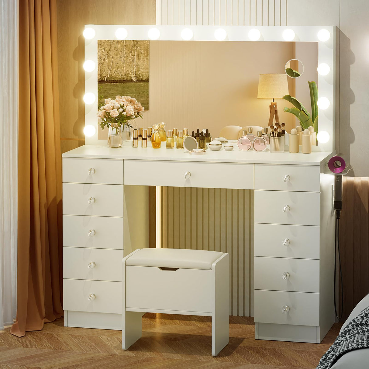 VOWNER Vanity with Lighted Mirror - Makeup Vanity Desk with 11 Drawers and Outlet, 3 Color Lighting Modes Adjustable Brightness, 46" Vanity Table with Soft Cushioned Stool for Bedroom, White VOWNER