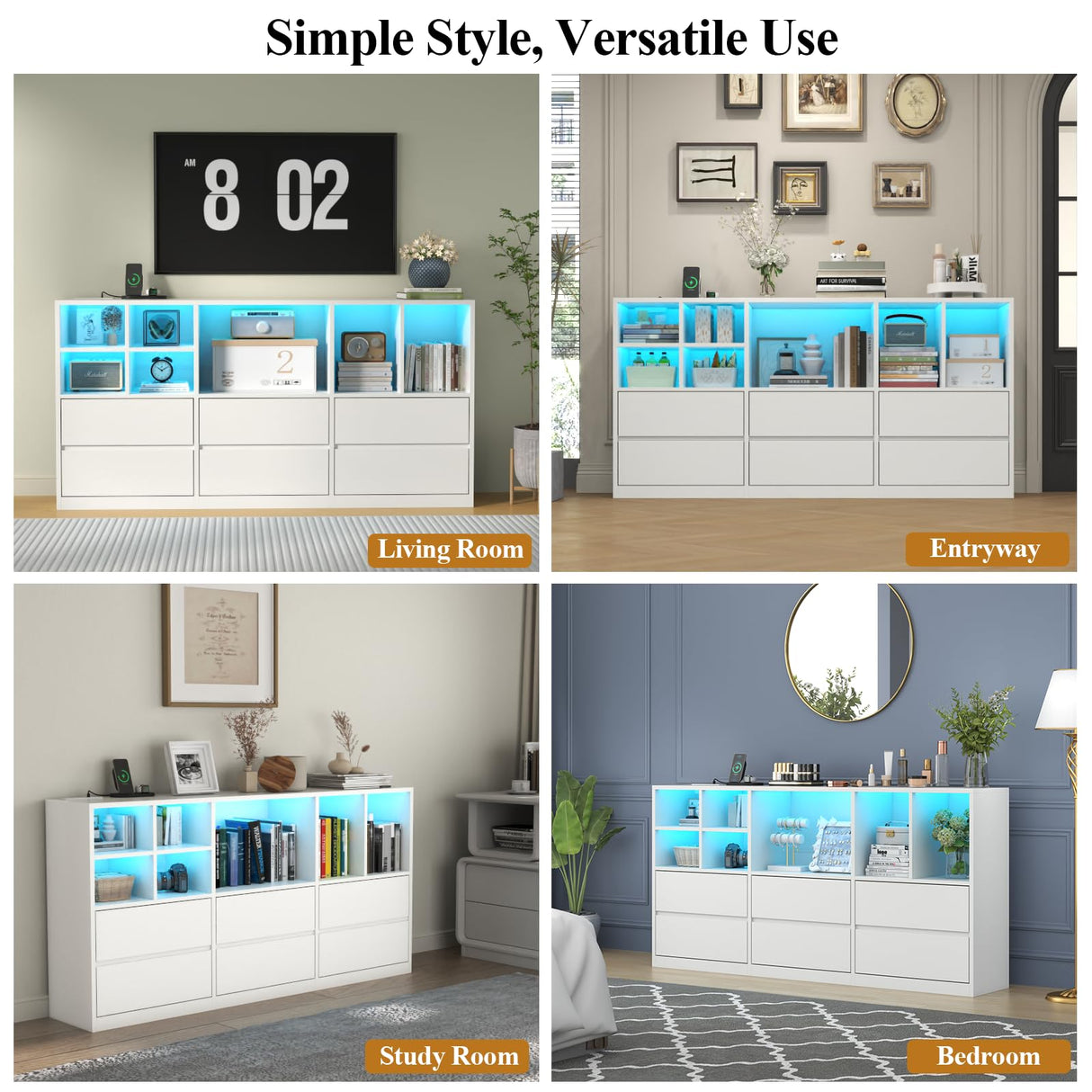 6 Drawers Dresser with 7 Storage Cubbies, LED Chest of Drawers with Power Outlet, 63" Triple Wide Long Dresser Organizer for Bedroom, Modern TV Stand with Open Shelf for Living Room, Entryway (White) Gyfimoie