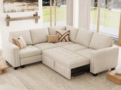 Belffin Modular Sectional Sleeper Sofa with Pull Out Couch Bed Velvet Convertible L Shaped Sectional Couch for Living Room Apartment Beige