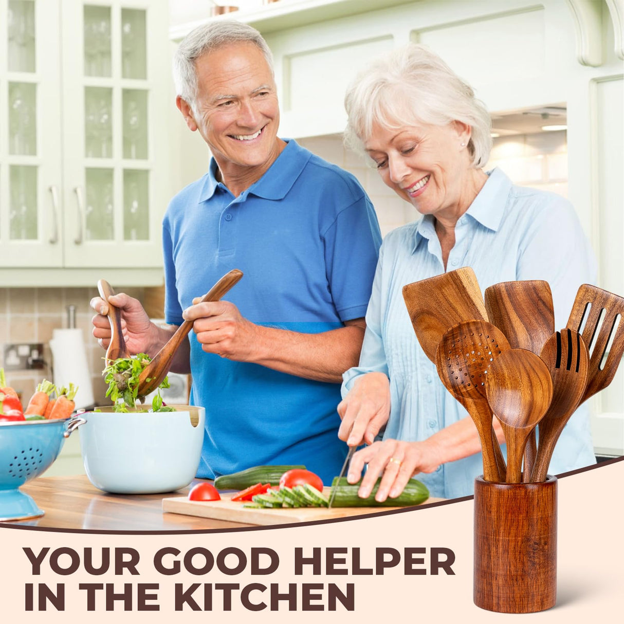 Wooden Spoons for Cooking, Teak Wooden Kitchen Utensil Set for Nonstick Cookware, Durable Wooden Cooking Utensils Set with Holder and Spoon Rest (9 Pcs) AYAWOW