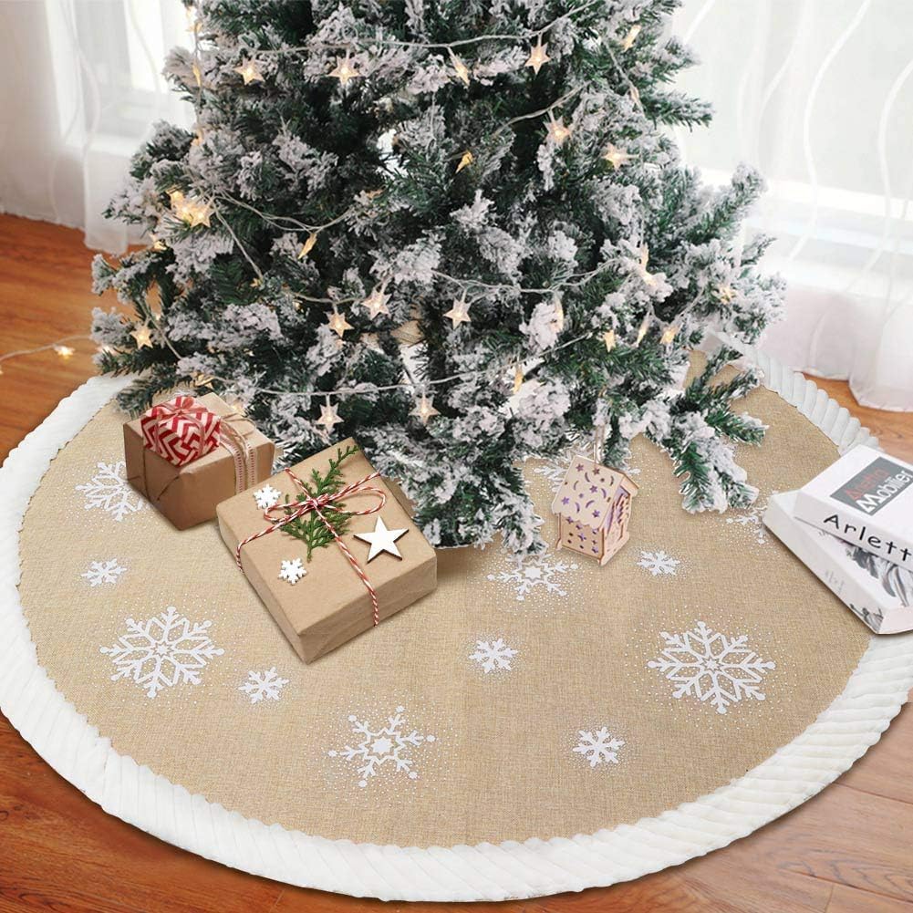 AerWo 48inch Christmas Tree Skirt with White Snowflake, Burlap Tree Skirt with Fur Sides Farmhouse Christmas Tree Skirts for Xmas Decor Festive Holiday Decorations Indoor Outdoor AerWo
