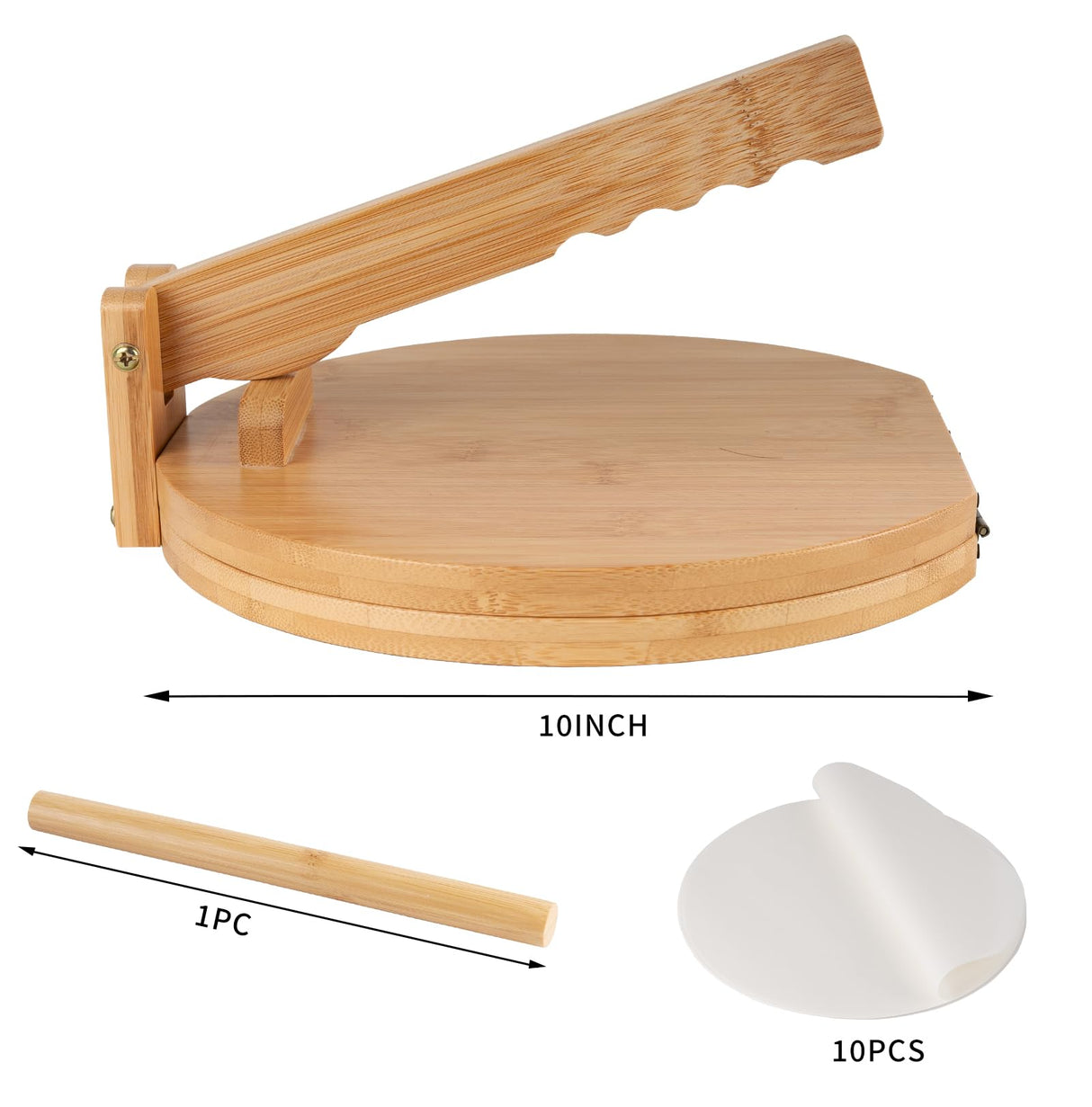 Wooden Tortilla Press 10 Inches with Rolling Pin & 50 Pcs Parchment Paper Mexican Tortillera Presser Homemade Tortillas Roti Pataconera Dough Press Uprony