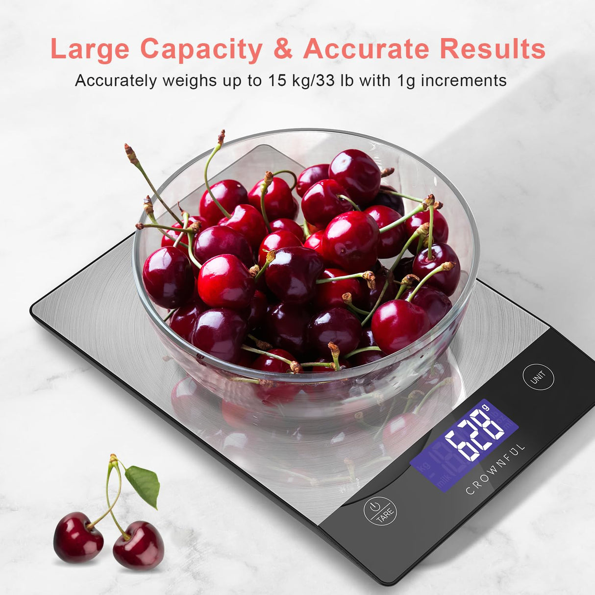CROWNFUL Food Scale, Rechargeable 304 Stainless Steel Digital Kitchen Scale Upto 33lb Weight Grams and Ounces with LCD Display and Type-C Charging for Baking and Cooking CROWNFUL