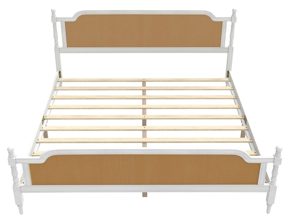 Rattan Queen Bed Frame, Queen Size Platform Bed Frame with Natural Headboard and Footboard, Boho and Mid Century Style, Solid Pine Wood, No Box Spring Needed, Easy Assembly, Antique White/Walnut WATHPUR