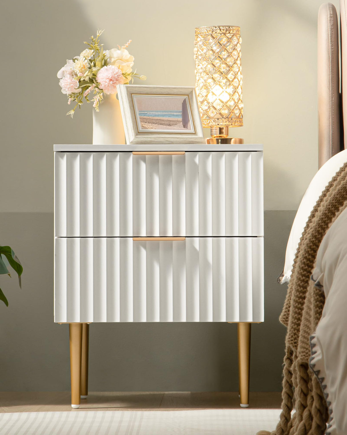 SICOTAS White Night Stand Set 2, Wide Fluted Nightstand with 2 Drawers, Modern Glossy Storage Bedside Table for Bedroom, End Side Table with Golden Metal Legs and Handles(2, White) SICOTAS