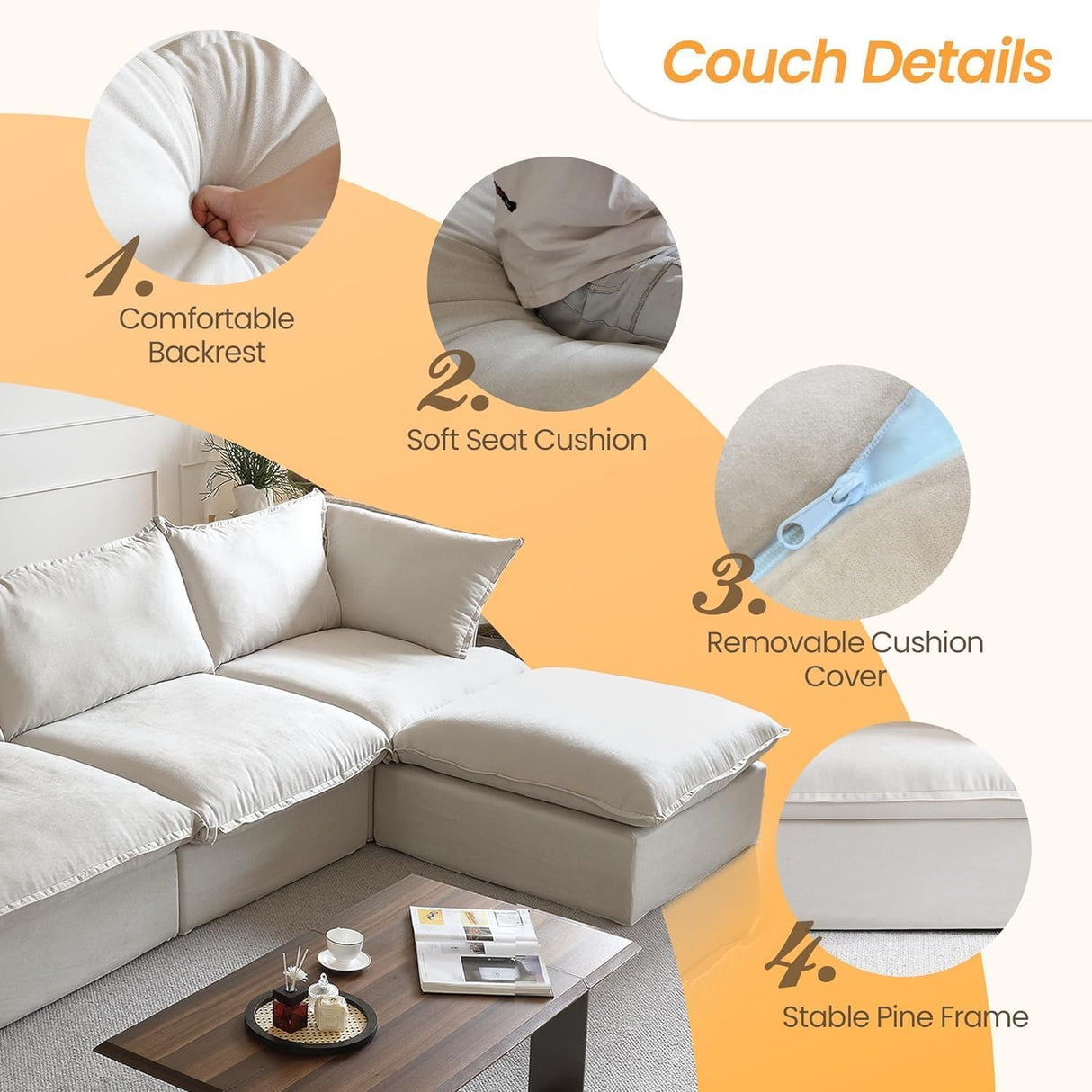 JACH U-Shaped Couches for Living Room, Convertible Sectional Sofa, 162" Modern Deep Seat Soft Cloud Couch, Modular Sectional Sofas with Ottomans, Sofa Cover Removable(Beige) JACH