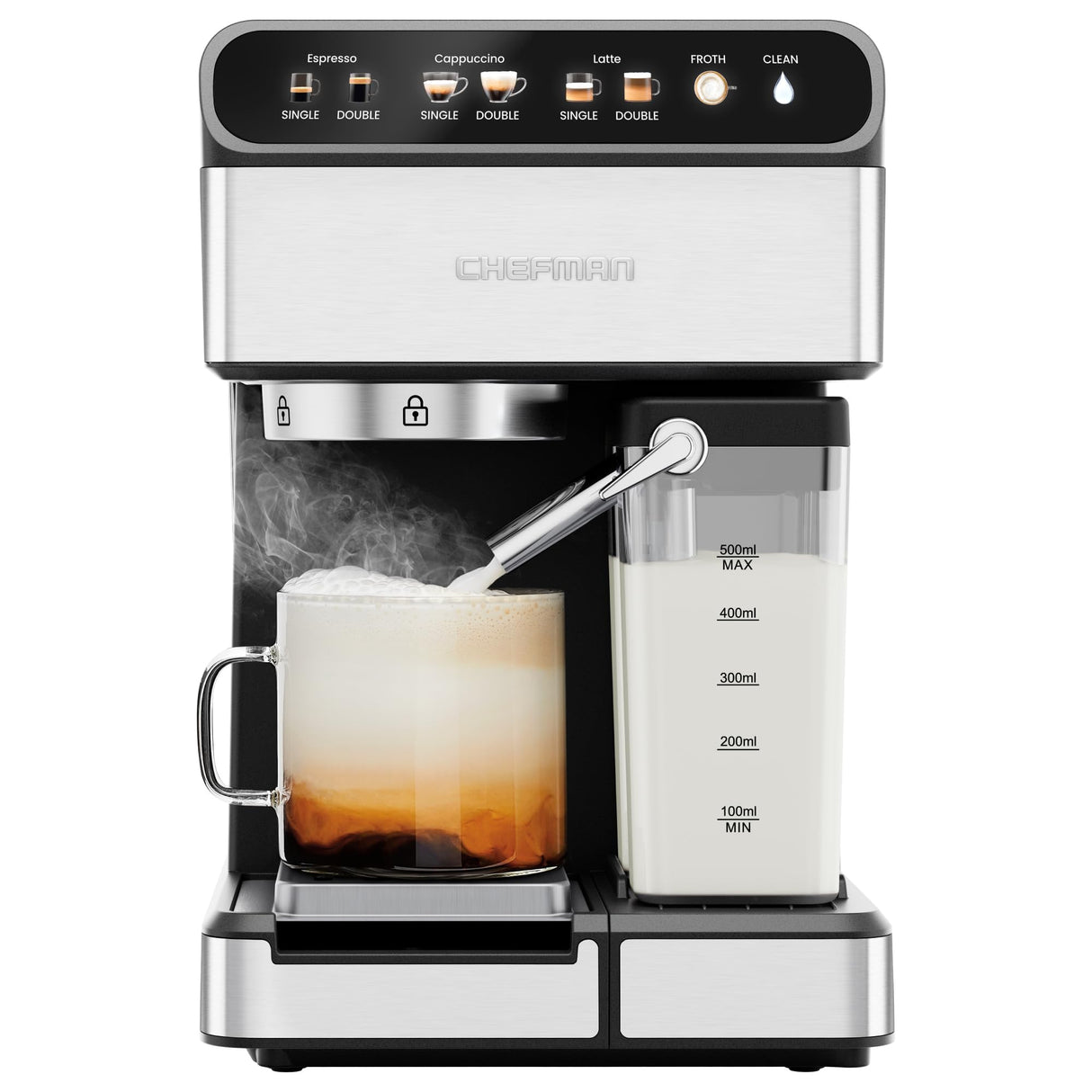 Chefman CaféMaster Pro Espresso Machine, Brew Single or Double Shots, Coffee Maker with Built-In Milk Frother for Cappuccino & Latte, XL 1.8 Liter Removable Water Reservoir - Stainless Steel Chefman