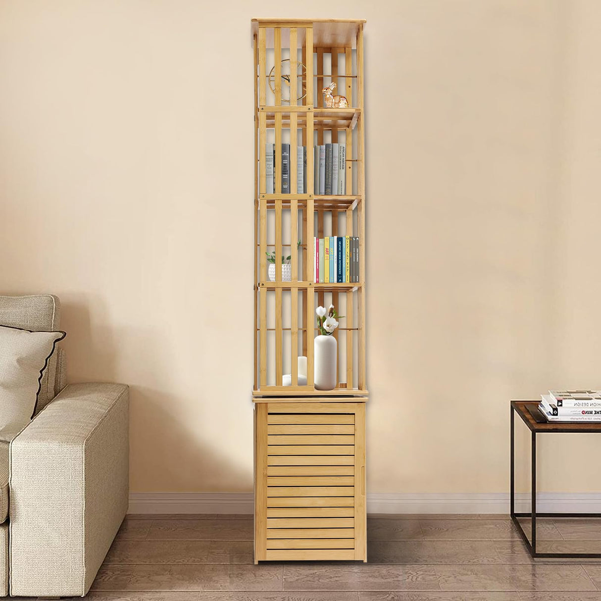 360° Rotating 6-Tier Bamboo Bookshelf with Shutter Door - Stylish Storage Rack for Small Spaces OUKANING