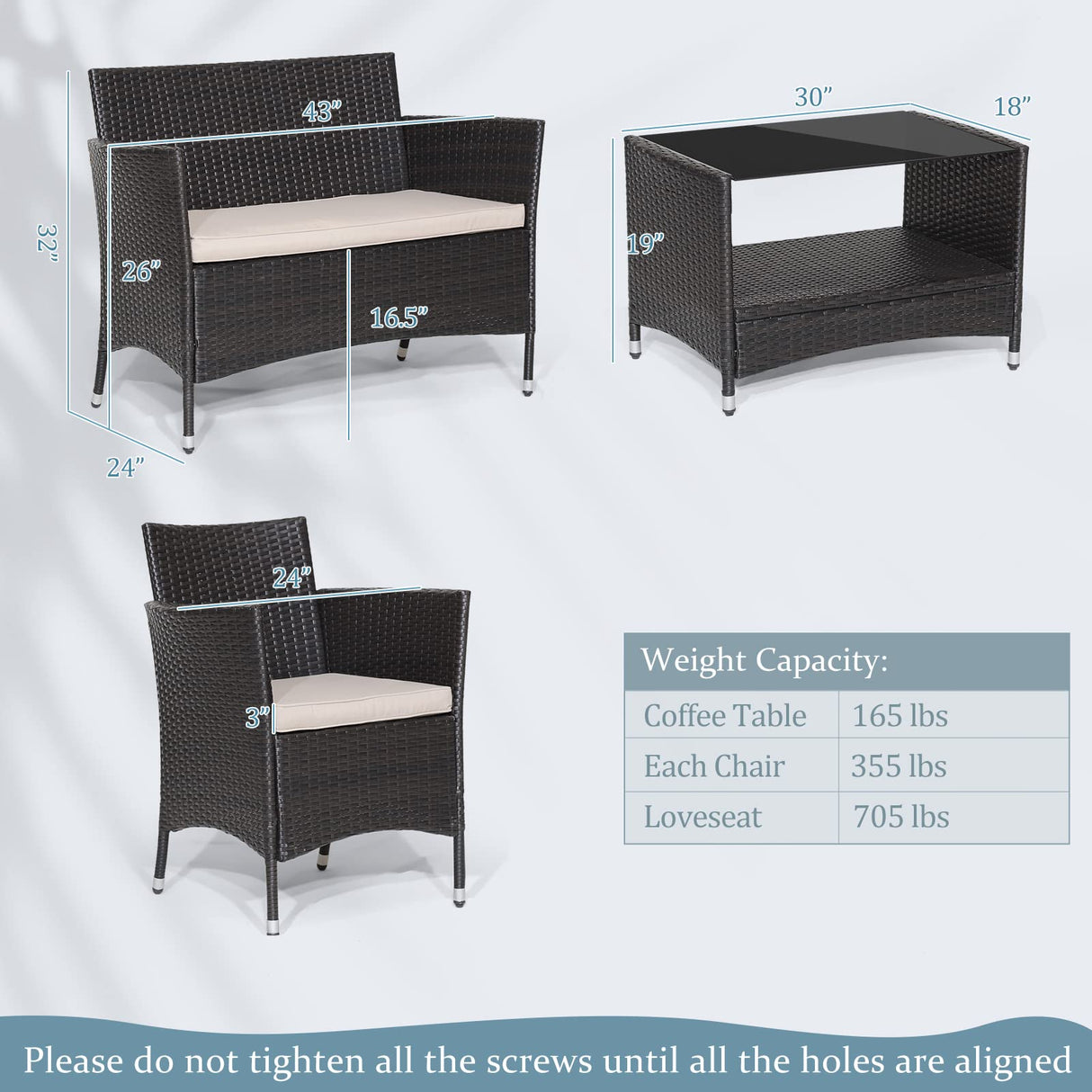 Tangkula 4 Pieces Patio Furniture Set, Patiojoy Outdoor PE Wicker Conversation Set with Soft Cushions and Tempered Glass Tabletop, Outdoor Garden Furniture Set with 2-Tier Coffee Table (Brown) Tangkula