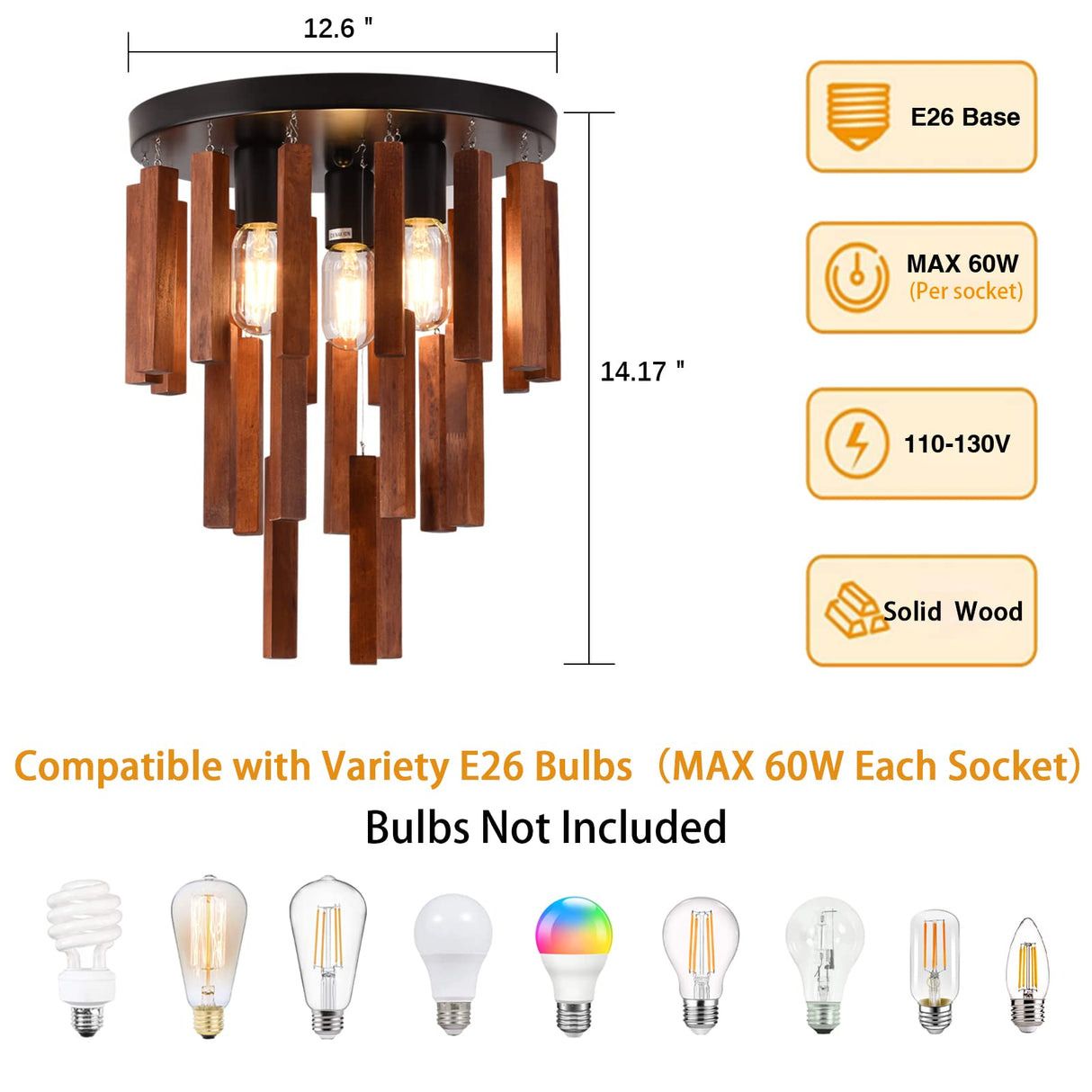 Farmhouse Flush Mount Ceiling Light Fixture, Rustic 3-Light Wood Strip Close to Ceiling Lights,Retro Vintage Red Oak and Black Kitchen Ceiling Lighting for Hallway Bedroom Entryway Living Dining Room Neechicx