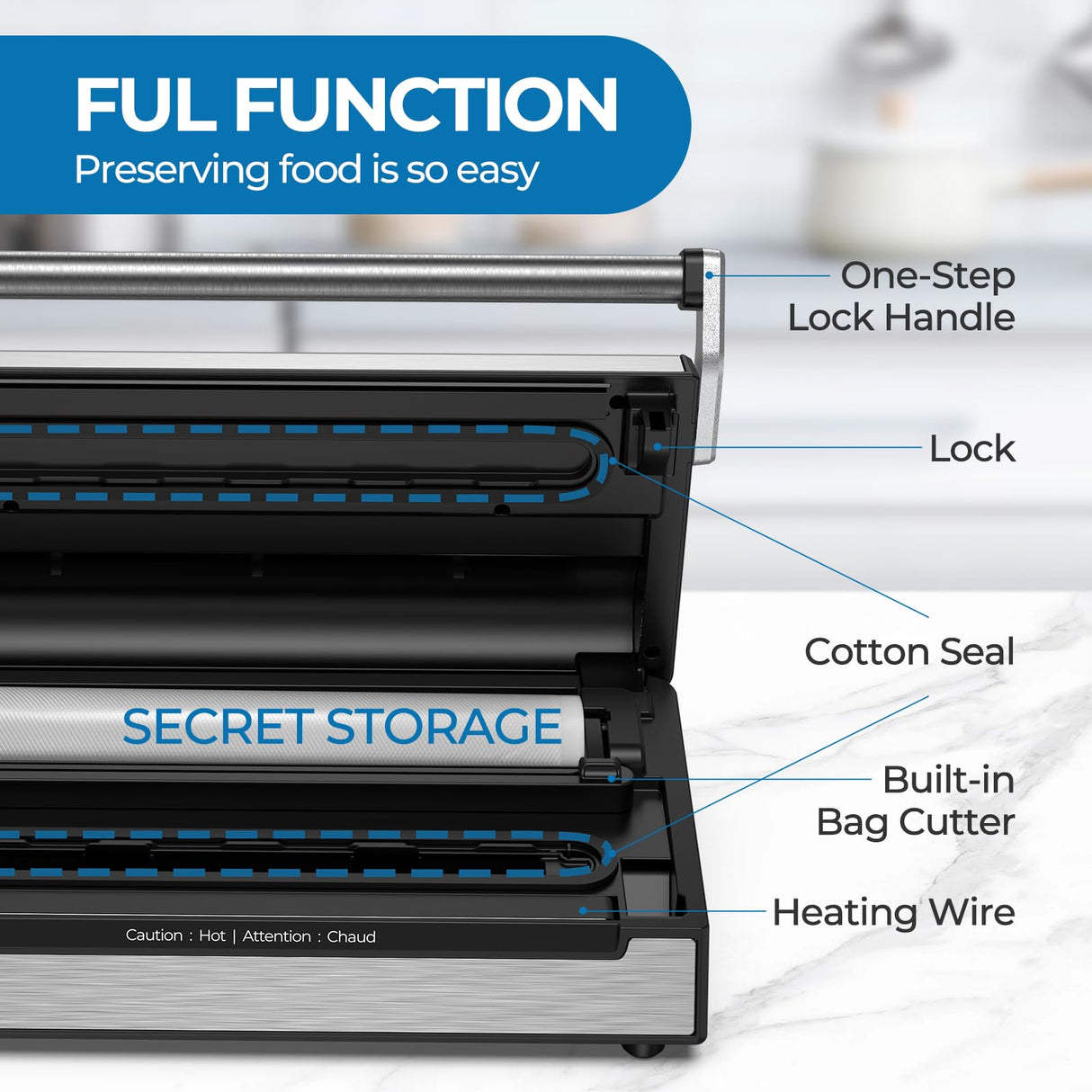 90Kpa Food Vacuum Sealer, Stainless Steel Vacuum Sealer Machine for Food with Double Heat Seal & Double Pump, Food Sealer Dry/Moist/Liquid Modes, Roll Storage and Cutter, Easy-Lock Handle and Clean AKDGY