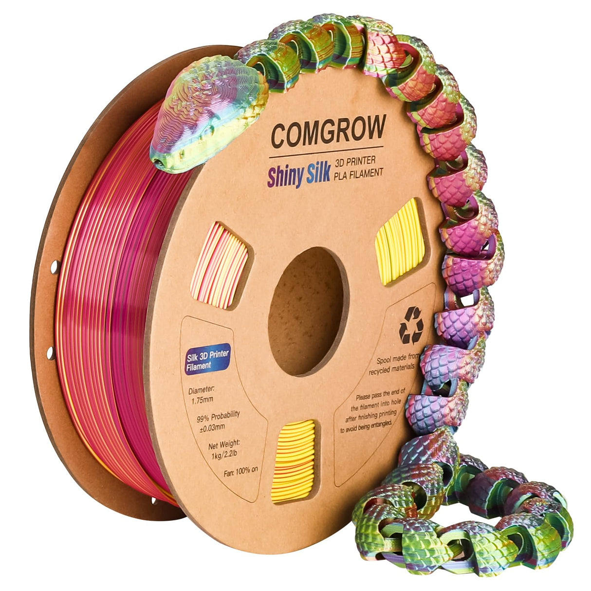 Comgrow Tri-Colors Silk PLA 3D Printer Filament, Rainbow PLA Filament 1.75mm, Dimensional Accuracy +/- 0.02 mm, 1KG Spool, Coextrusion 3D Filament with Shiny Silk Red-Blue-Yellow Comgrow