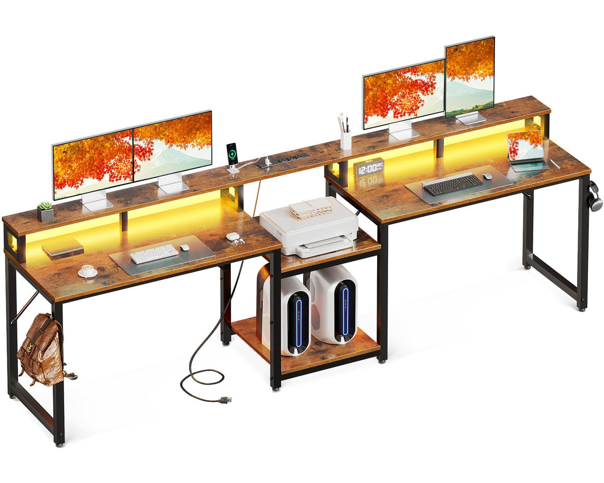 Coleshome 98" Home Office Computer Desks with Storage Shelves- 2 Person Writing Desk with LED Lights & Power Outlet, Long Two Person Desk with Monitor Stand, Double Study/Work Table Workstation, Brown Coleshome