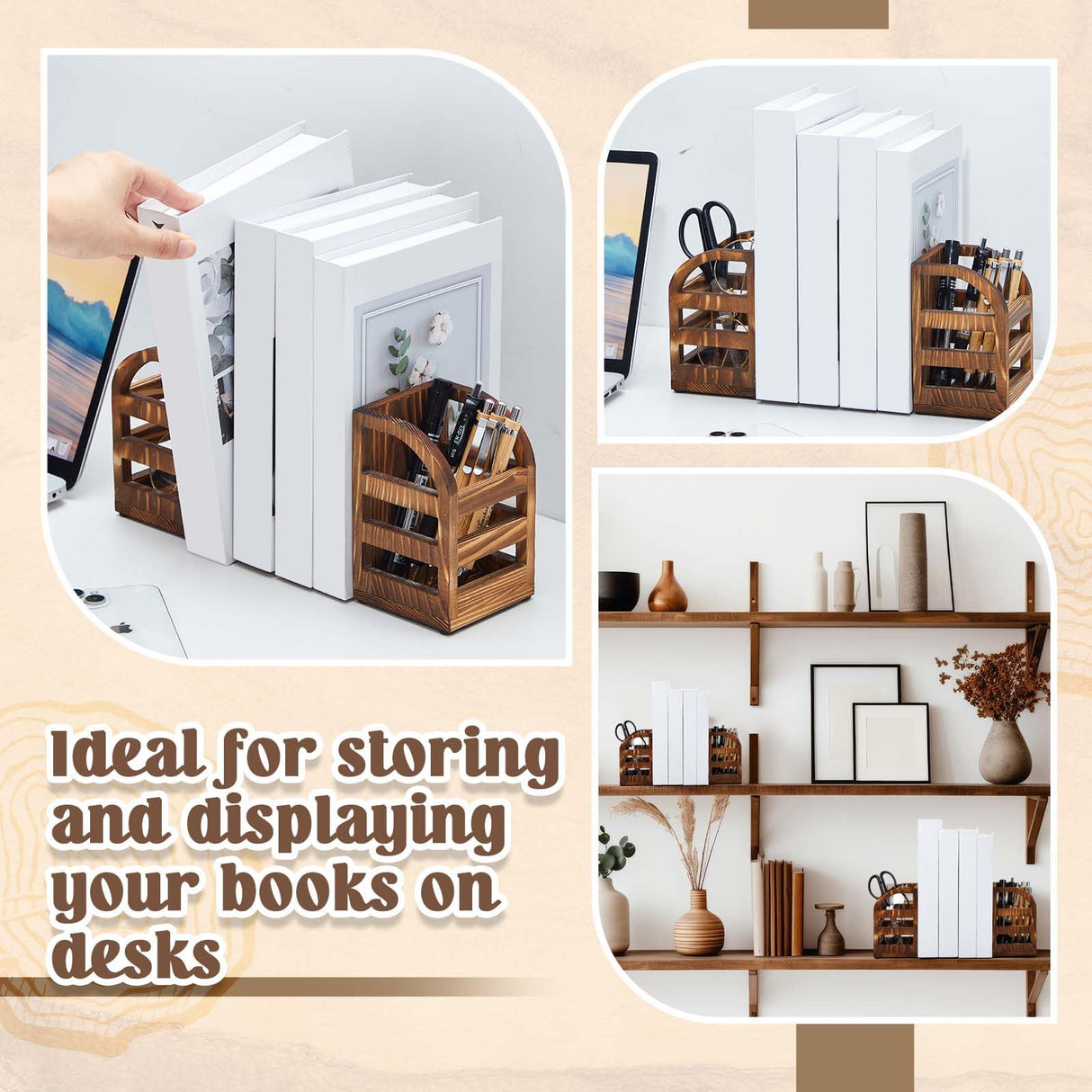 1 Pair 2 in 1 Rustic Burnt Wooden Bookend with Coated Metal Desk Supply Holds Non Skid Desktop Book Ends Pen Holder Pencil Cup Stationery Storage Bins Book Stopper for Home Office Dorm Room Memorywuu