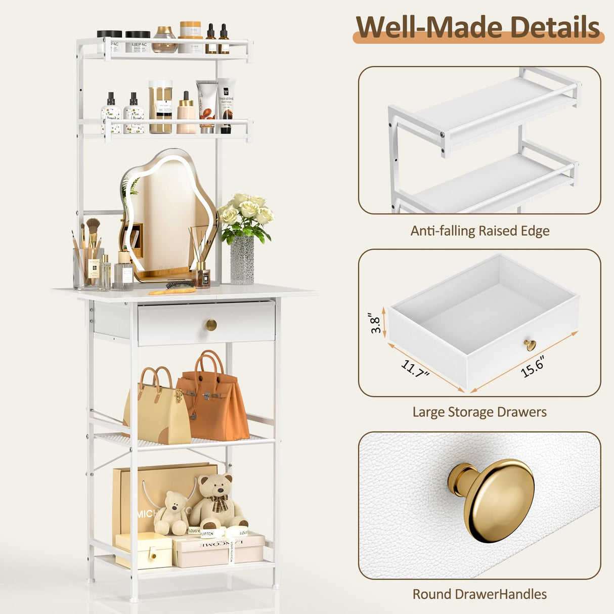 3IngSeagulls Small Vanity Desk Without Mirror, Makeup Vanity Table for Small Space, Compact White Dressing Table with Fabric Drawers, Makeup Vanity with Storage for Bedroom, White, 23.6in(W) 3IngSeagulls