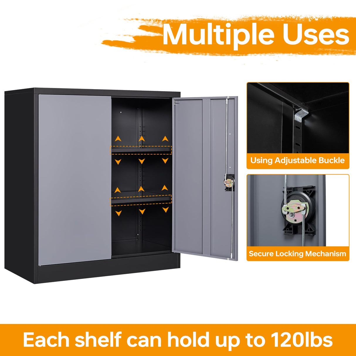 STANI Metal Storage Cabinet with 2 Adjustable Shelves, Steel Counter Cabinet with Lockable Doors for Home Office Warehouse Garage (Black Grey, 36" H-Style 2) STANI