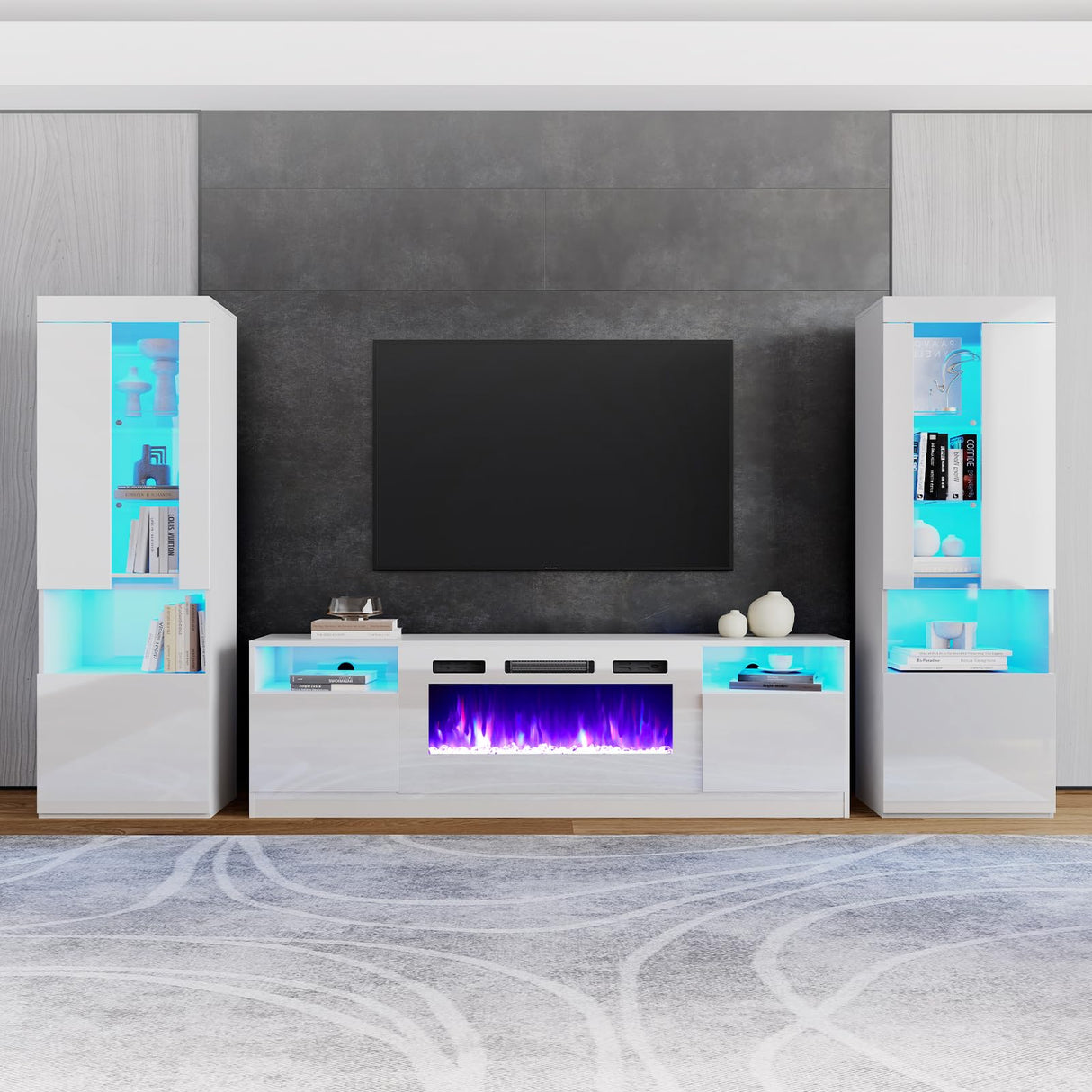 AMERLIFE Modern Highgloss Fireplace Entertainment Center Set, Includes 80" Fireplace TV Stand & 2 LED Highlight Bookcases, Fireplace Storage Cabinets for TVs up to 90", White AMERLIFE