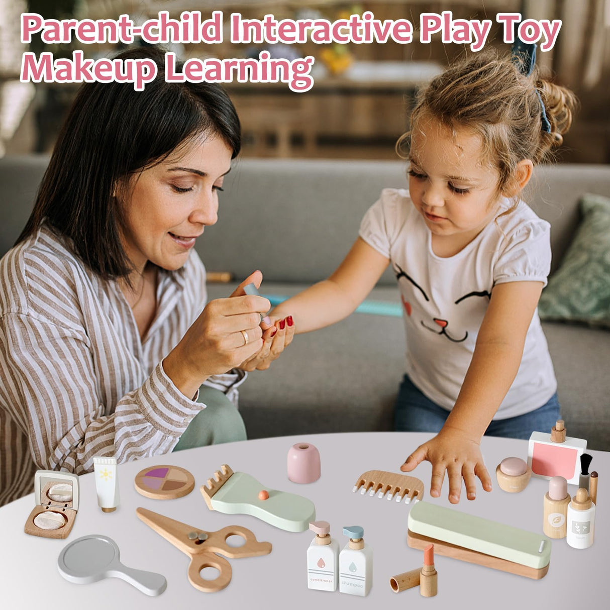 Smartwo Wooden Makeup Toy Set for Toddler Pretend Play 22 PCS Wood Beauty Salon Toys Cute Wooden Makeup Kit with Realistic Accessories Gift for Girls 3 4 5 6 Smartwo