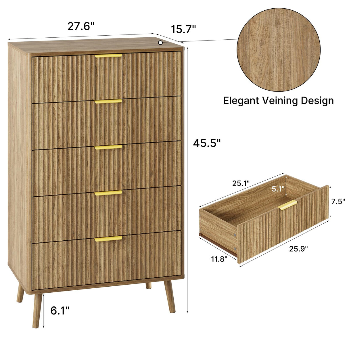 LYNSOM Fluted 5 Drawers Dresser, 45" Tall Modern Chest of Drawers with Metal Handle and Curved Profile Design, Wood Drawer Organizer for Bedroom, Living Room, Hallway, Entryway, Natural Oak LYNSOM
