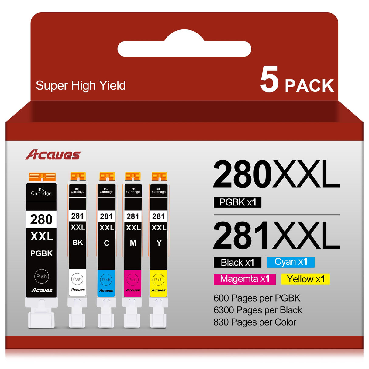 280XXL 281XXL Ink Cartridges High Yield Compatible for Canon Ink 280 and 281 cartridges for Canon tr8620a Ink cartridges TR8620 TR8520 TR8600 TS9521C Printer, 5 Pack PGBK Black Cyan Magenta Yellow Acaves