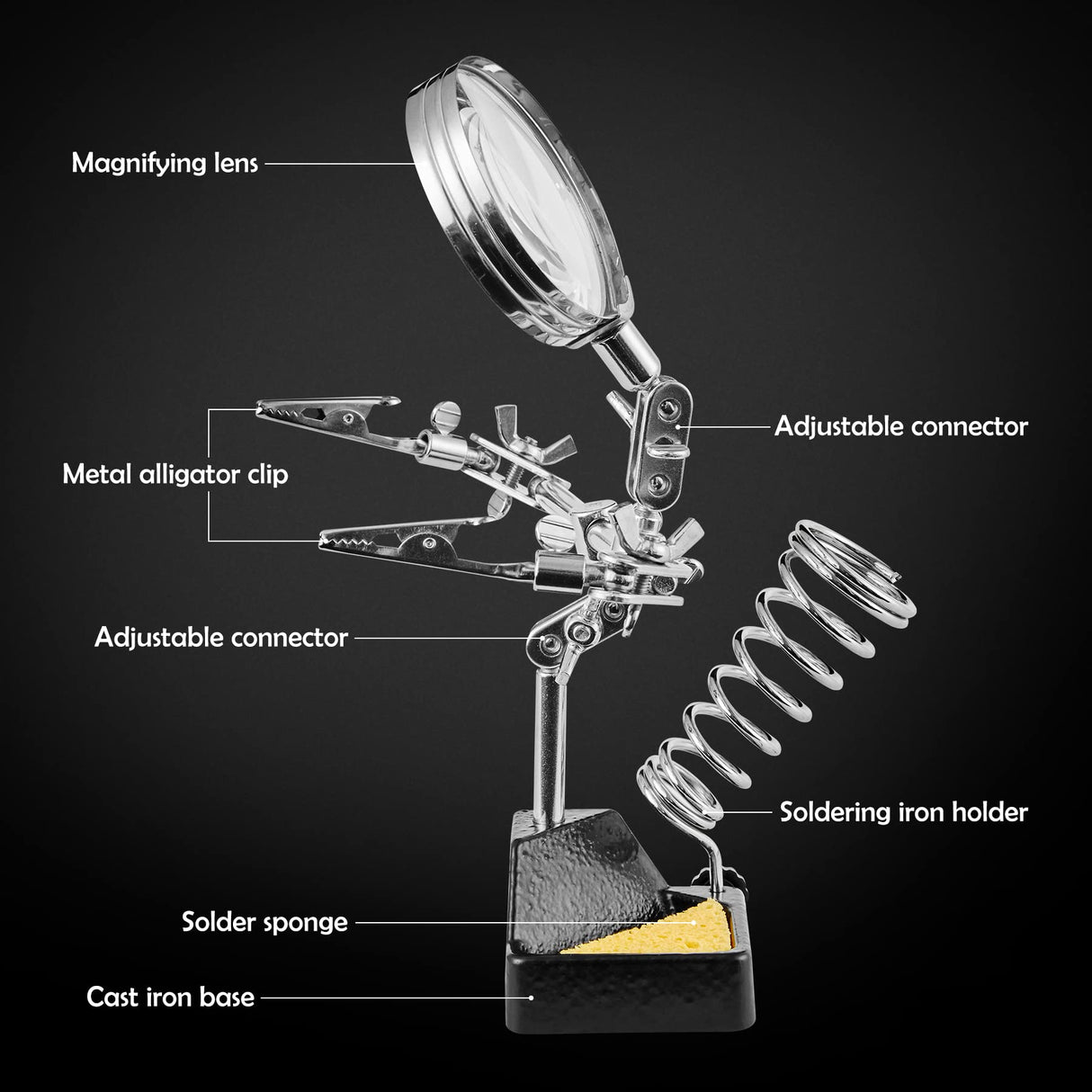Noah 3-in-1 Helping Hands Magnifier with Dual Adjustable Alligator Clips in 2.5X Magnifying Glass with Soldering Iron Holder and Cleaning Sponge, for Welding, Jewelry,Clamping in Electronics Noah