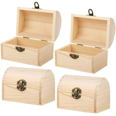 Aodaer 4 Pieces Unfinished Wood Treasure Chest Decorative Pine Wood Box with Hinged Lid and Locking Clasp Plain Decorate Wooden Boxes for Art Hobbies DIY Jewelry Gift Storage
