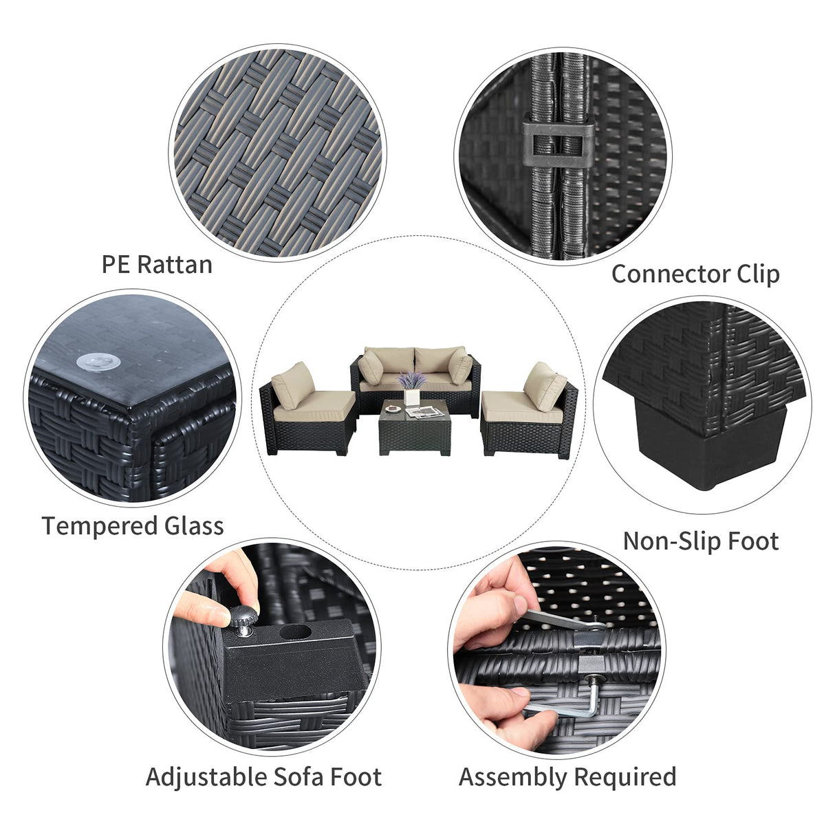 Outdoor Patio PE Wicker 5 Piece Furniture Set, Black Rattan Sectional Conversation Sofa Chair with Coffee Table,Khaki Cushion WAROOM