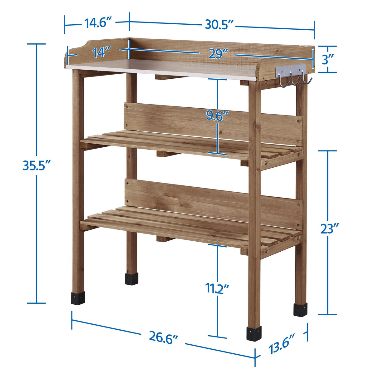 Topeakmart Potting Bench Table w/Metal Tabletop for Garden, Fir Wood Workstation w/3 Tier Shelves, Outdoor Work Bench w/Hook Brown Topeakmart