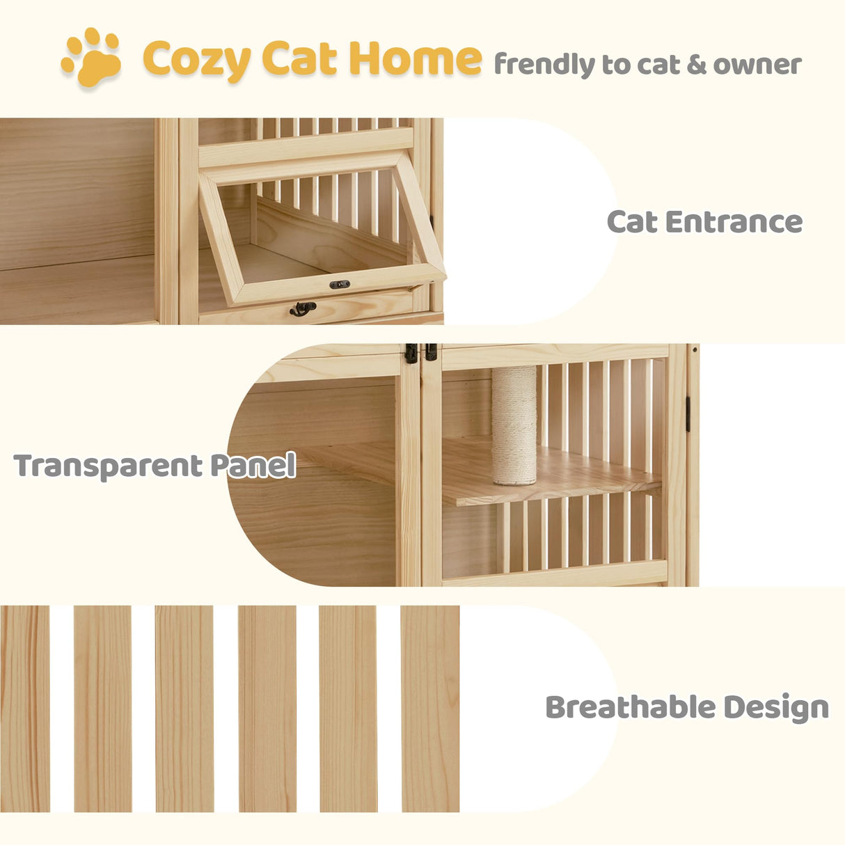 MCombo Wooden Cat House for Indoor Cats, Cat Villa with Cat Entrance, Cat Catio with Lockable Doors & Wheels, CT291 MCombo