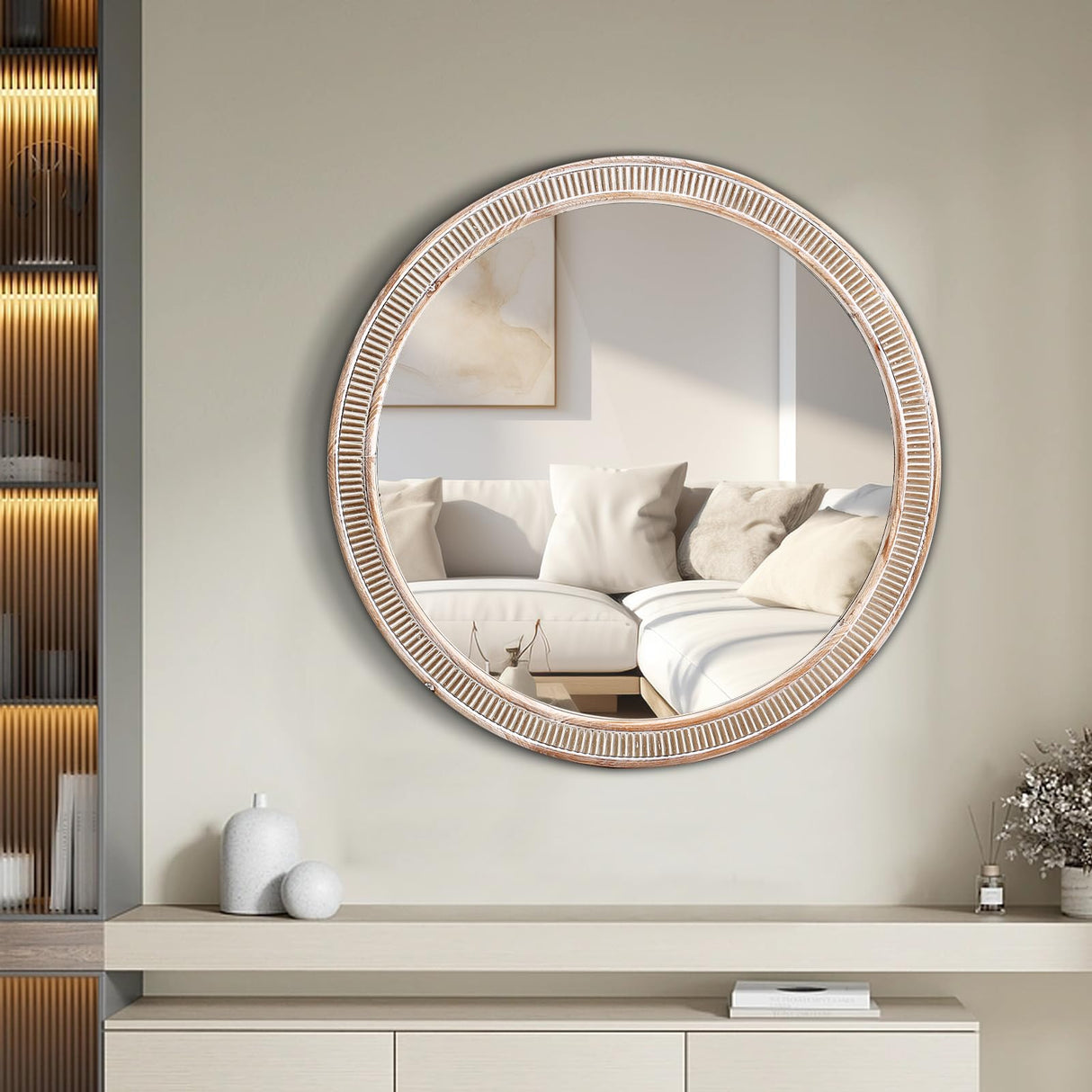 HOITUZYUS 24 inch Round Wood Mirror Farmhouse Wall Mirror with Wooden Frame Wood Frame Boho Circle Mirrors Accent Mirror for Bathroom,Bedroom, Living Room, Foyer HOITUZYUS