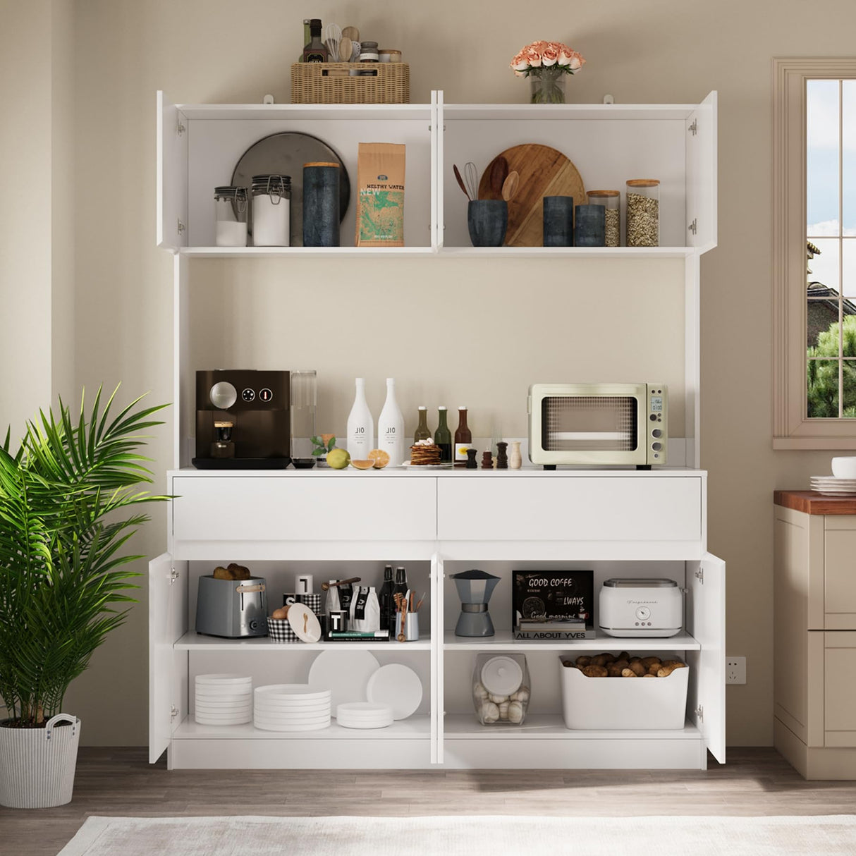 71" Kitchen Pantry Cabinet, Kitchen Hutch with Microwave Stand, Buffet Cabinet with Large Storage Drawers for Dining Room (White) Bobve