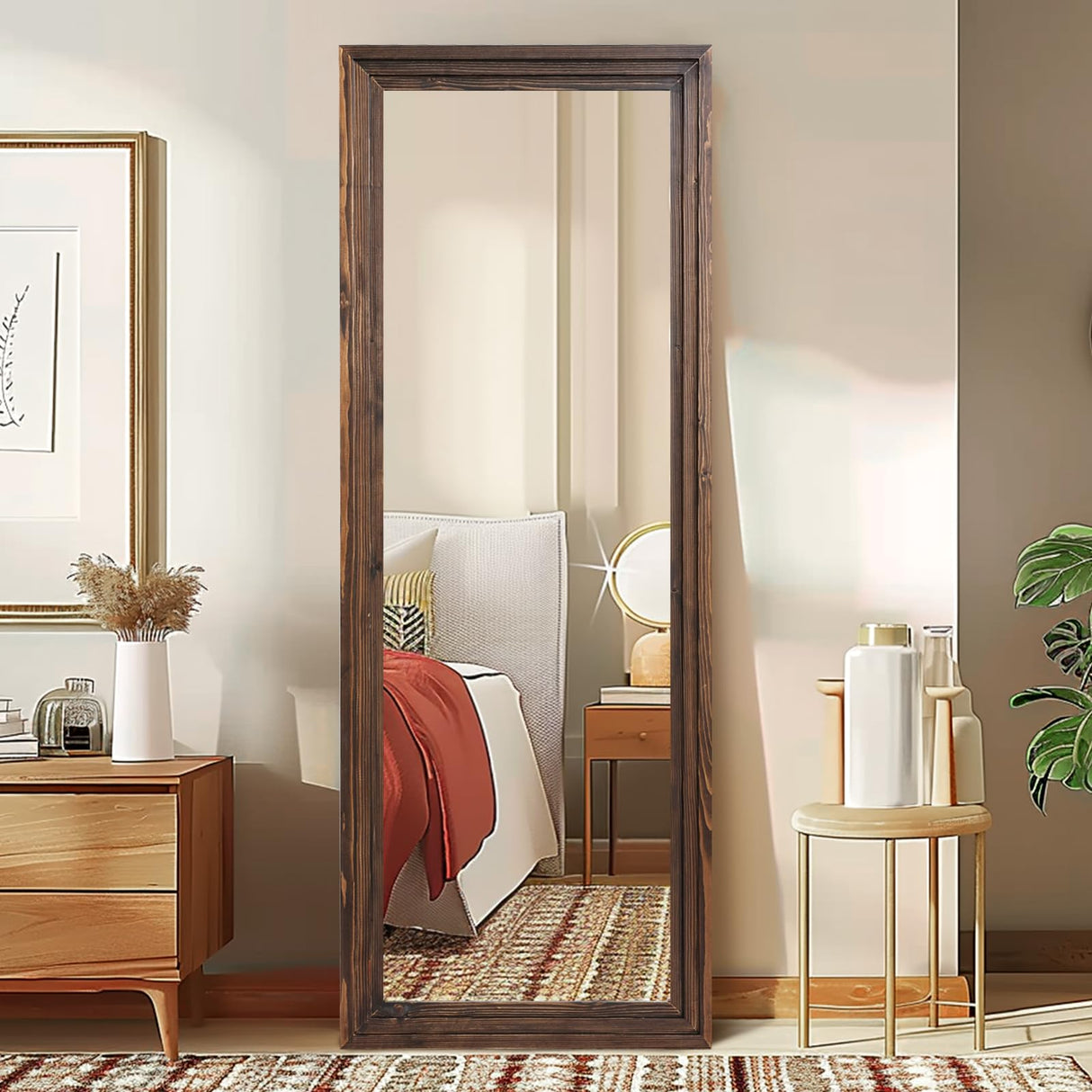 ABSWHLM Full Length Mirror 65"x24" Solid Wood Frame Floor Large Mirror for Living Room, Bedroom Hanging or Leaning Wall-Mounted, Brown ABSWHLM