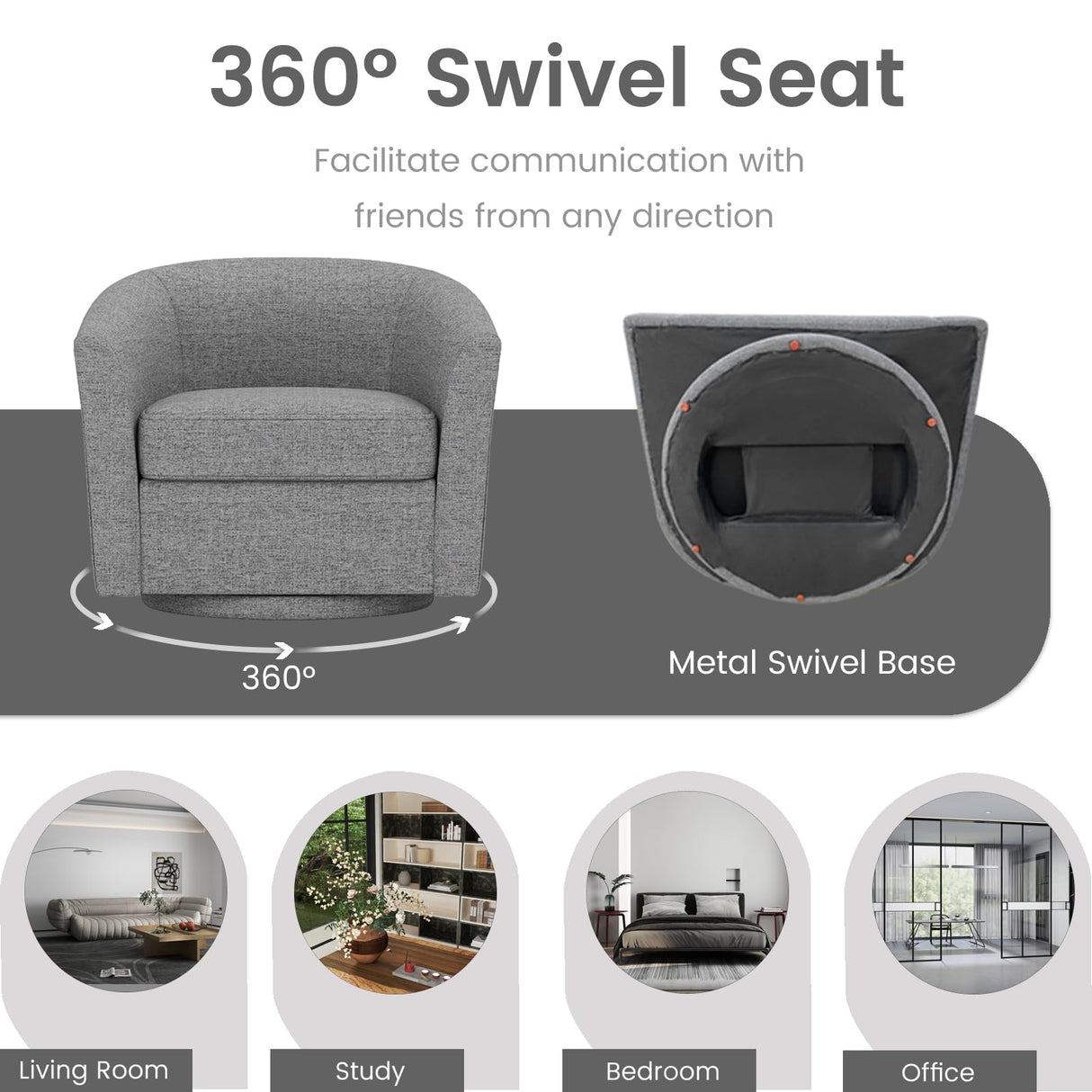 KOMFOTT Swivel Barrel Chair with Ottoman, Upholstered Armchair with Footrest, Removable Seat Cushion, Linen Fabric Club Reading Sofa Chairs, Modern Accent Chair for Living Room, Bedroom, Grey KOMFOTT