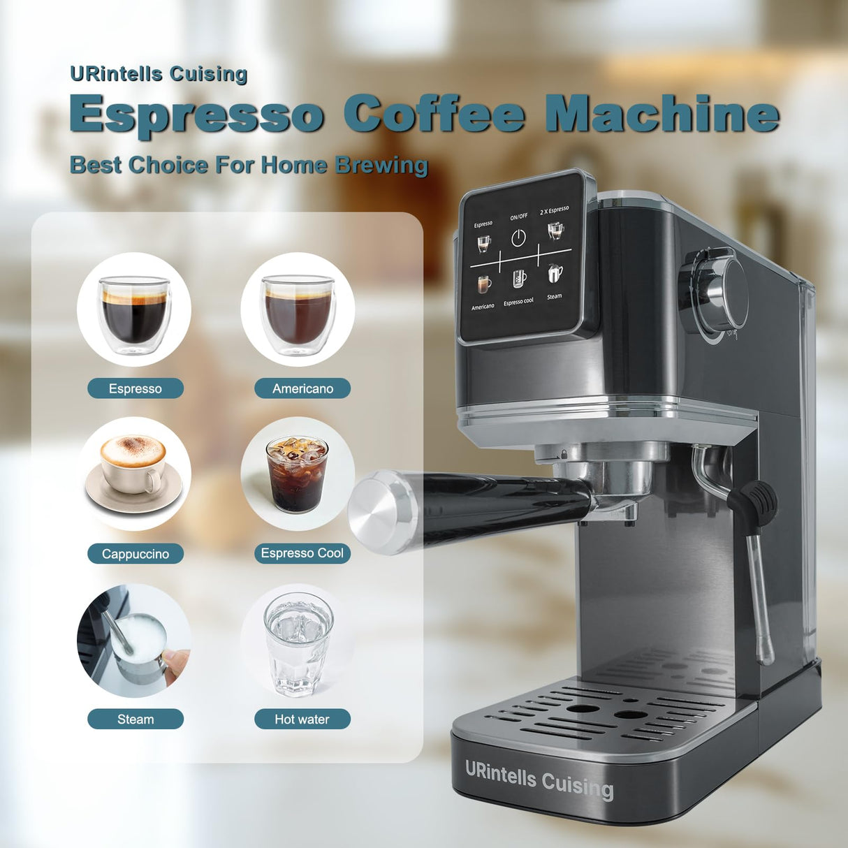 URintells Cuising Espresso Machine 20 Bar, Touch Screen Espresso Maker with Americano, Coffee Machine with Steam Milk Frother, Stainless Steel Cappuccino Latte Machine for Cold Brew Home Gifts, Black URintells Cuising