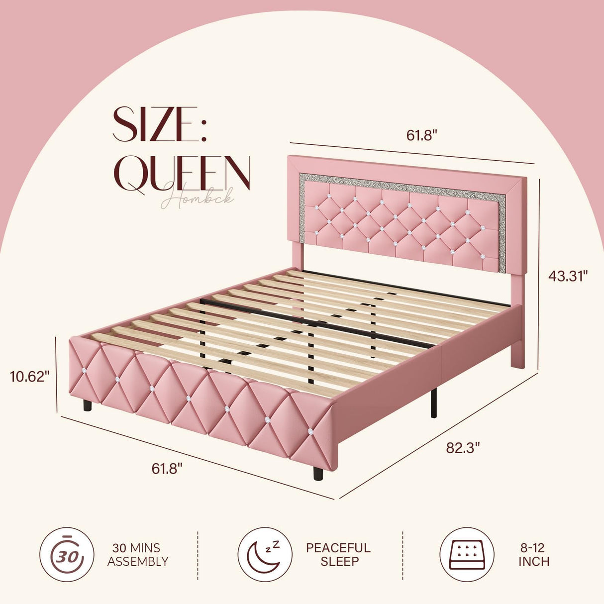 HOMBCK Queen Bed Frame, Upholstered Bed Frame Queen Size with Diamond Tufted Headboard, Faux Leather Headboard & Footboard, Wooden Slats Support, No Box Spring Needed, Easy Assembly, Pink HOMBCK