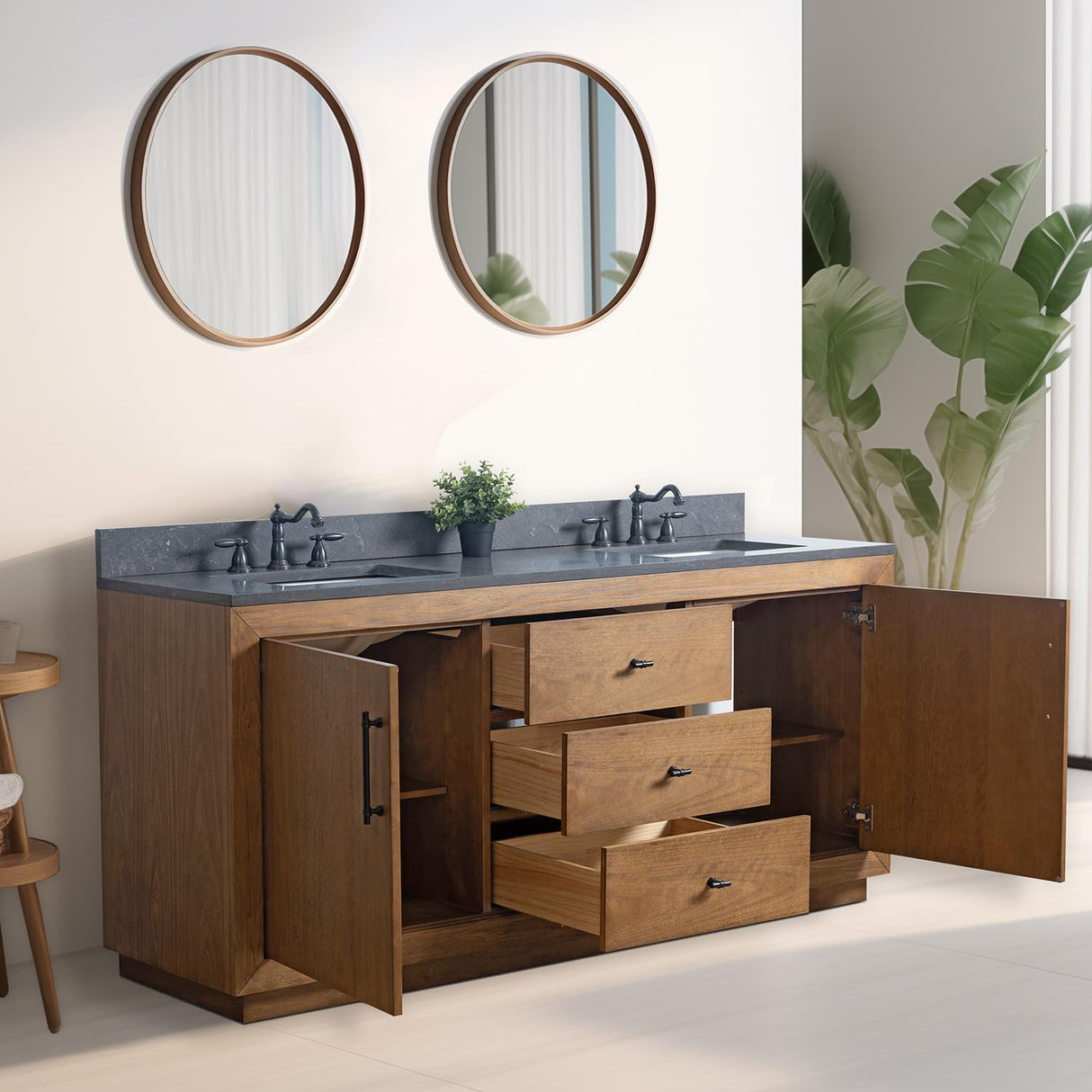 Vanity Art 72 inch Double Sink Bathroom Vanity, Vanity Cabinet with Doors and Shelf, Modern Wood Bathroom Vanity with Black Marble Top, Solid Wood Frame, 3 Functioning Drawers, VA70-72-DT-B Vanity Art